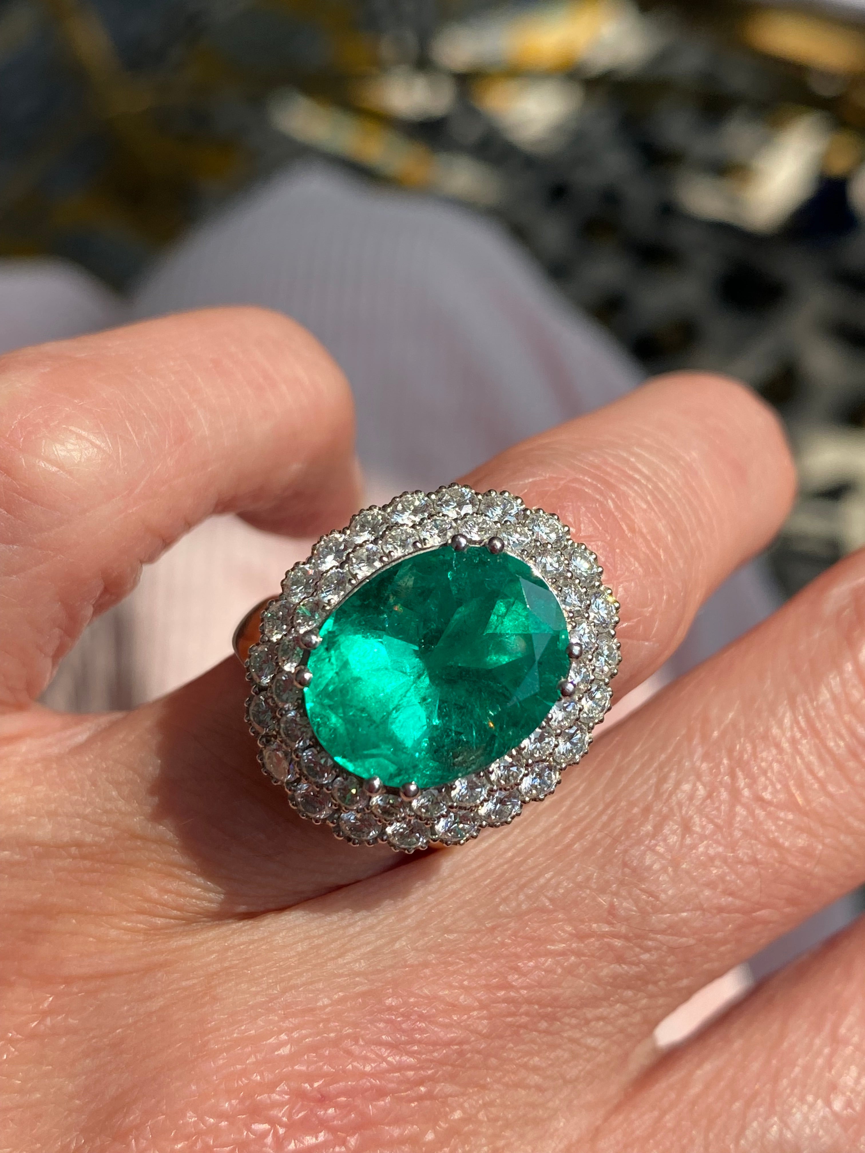 9.10 CTW Colombian Emerald and Natural Diamond Double Halo Ring in Platinum