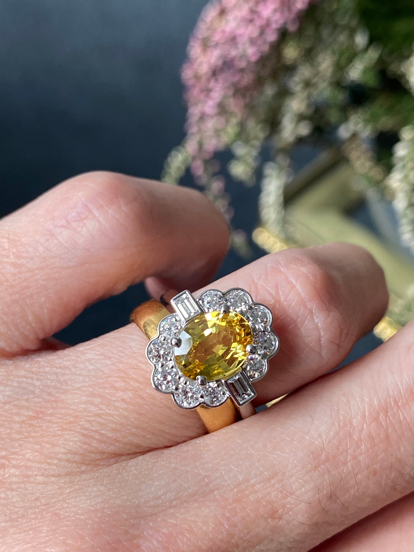 2.45 Carat Yellow Sapphire and Natural Diamond Halo Ring in Platinum