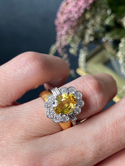 2.45 Carat Yellow Sapphire and Natural Diamond Halo Ring in Platinum