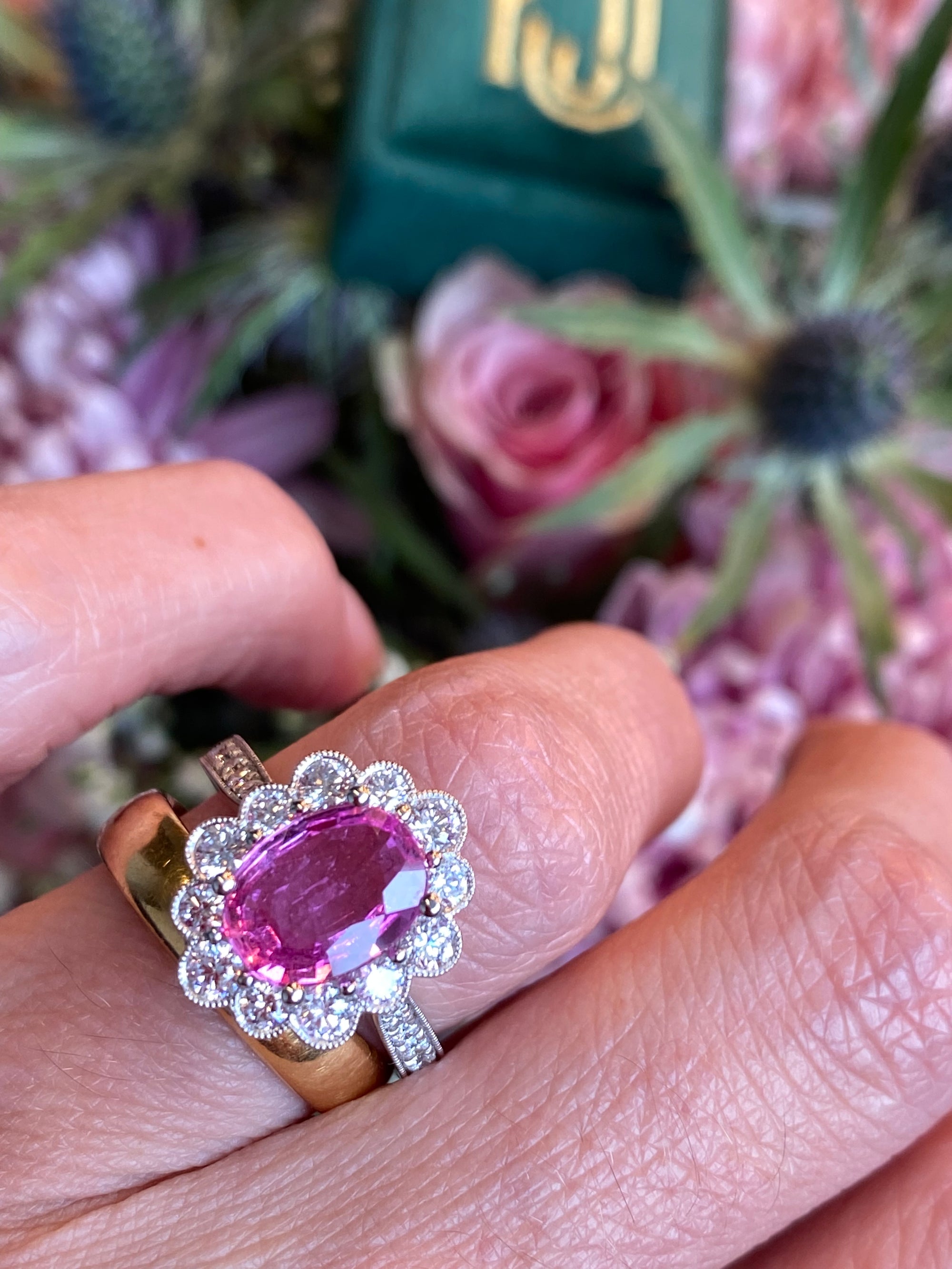 2.92 CTW Oval Cut Pink Sapphire and Natural Diamond Halo Engagement Ring in Platinum