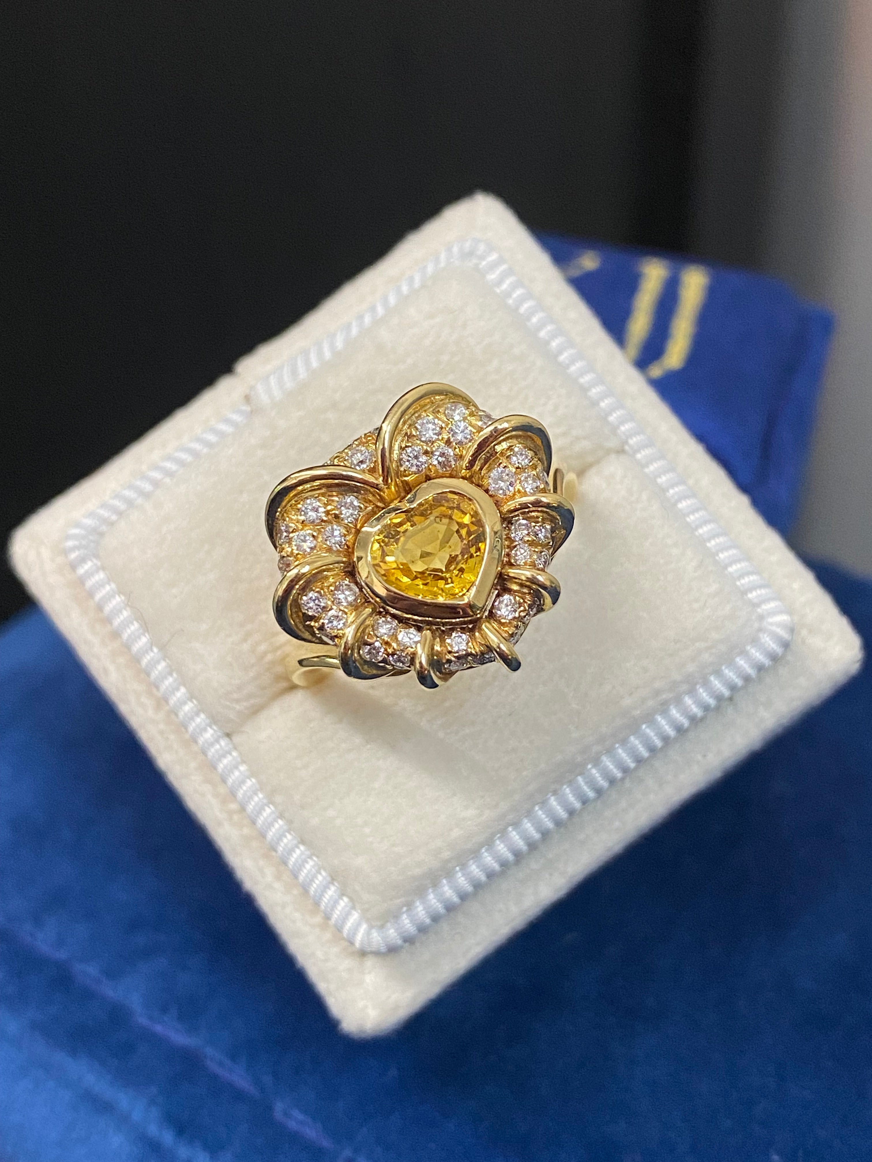Vintage Yellow Sapphire and Natural Diamond Halo Ring in 18ct Yellow Gold