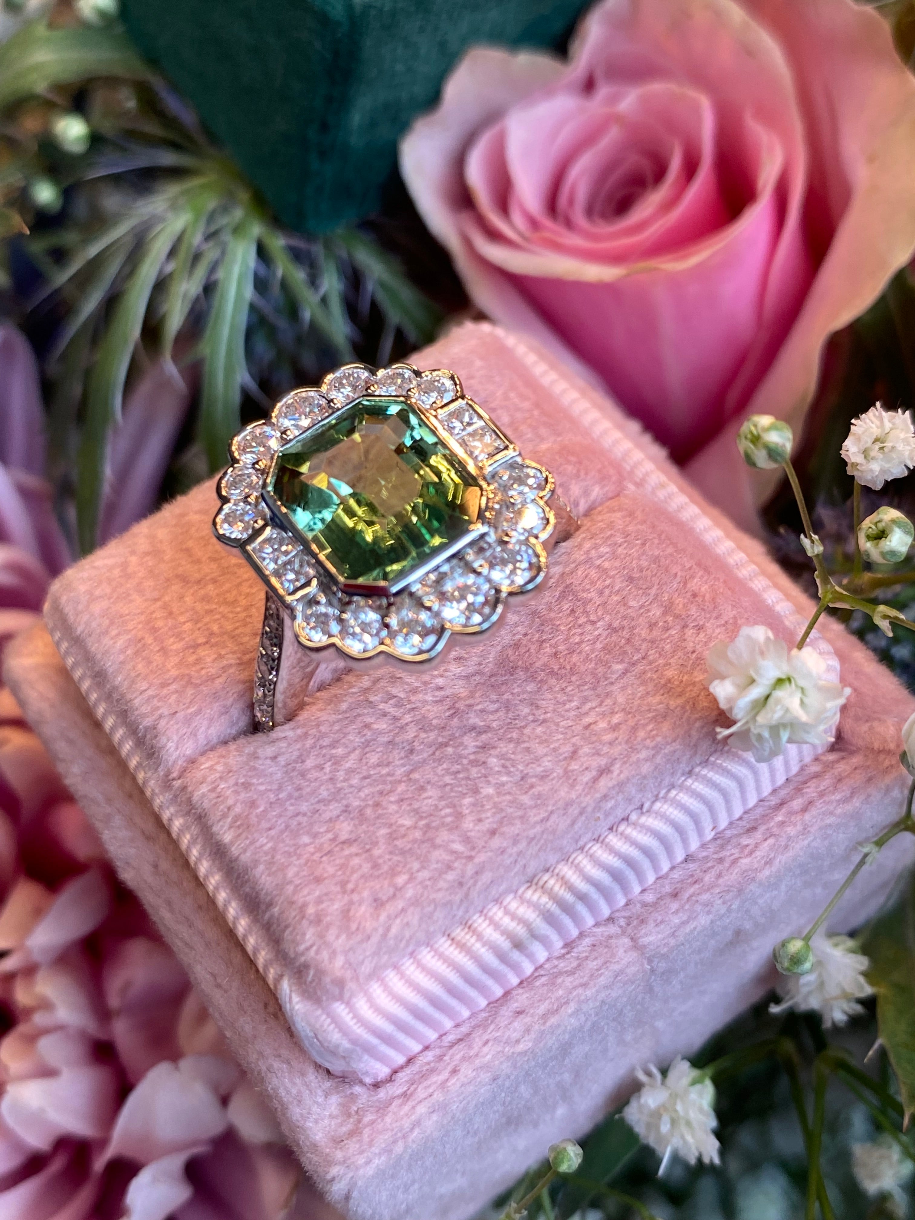 4.01 CTW Emerald Cut Mint Tourmaline and Natural Diamond Ring in Platinum