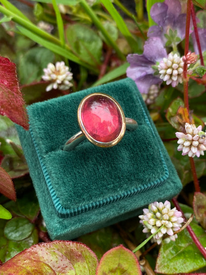 Cabochon Cut Pink Tourmaline Ring in Sterling Silver and 18ct Yellow Gold