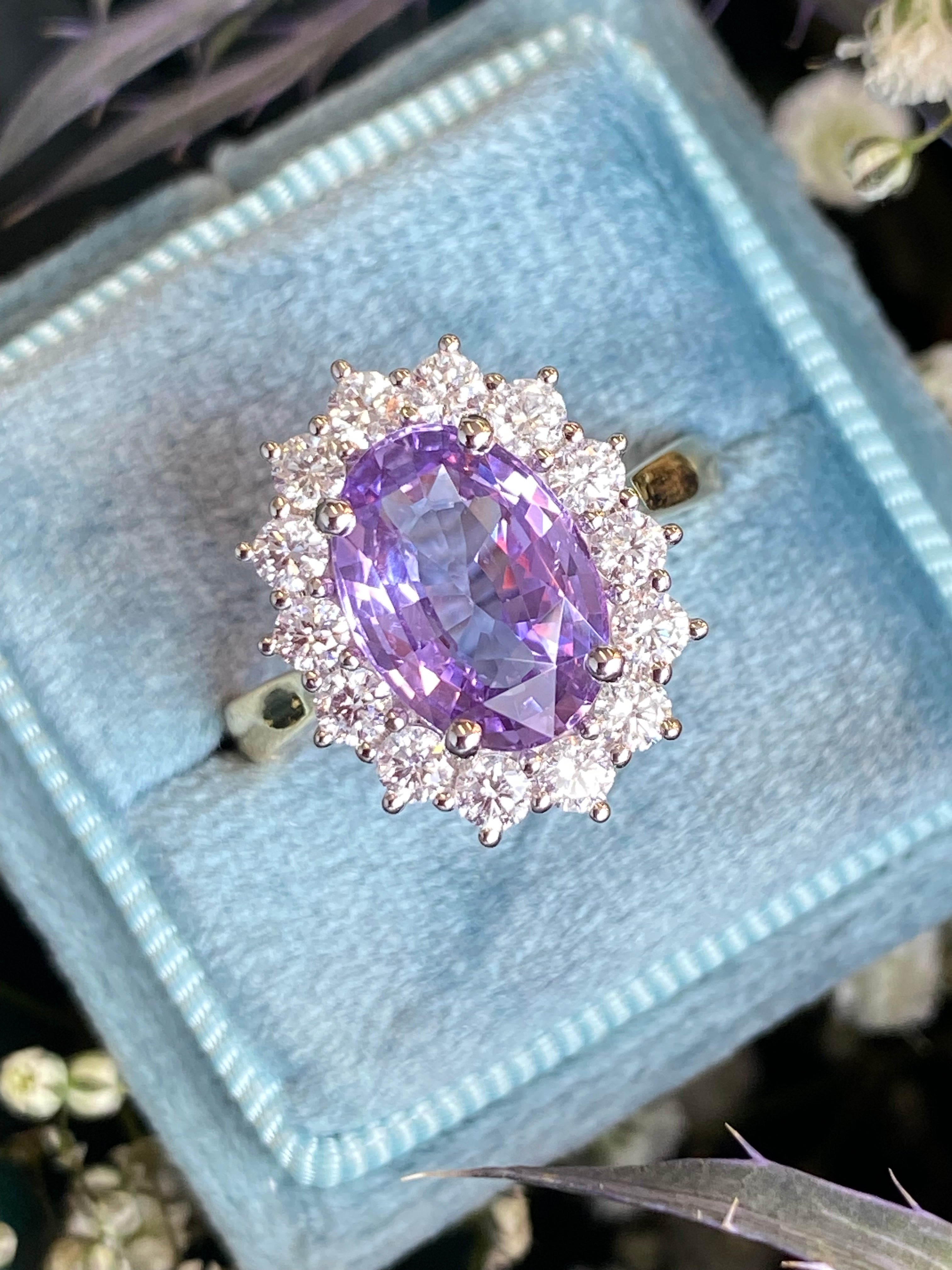 3.52 Carat No Heat Purple Sapphire and Natural Diamond Halo Ring in Platinum and 18ct Yellow Gold