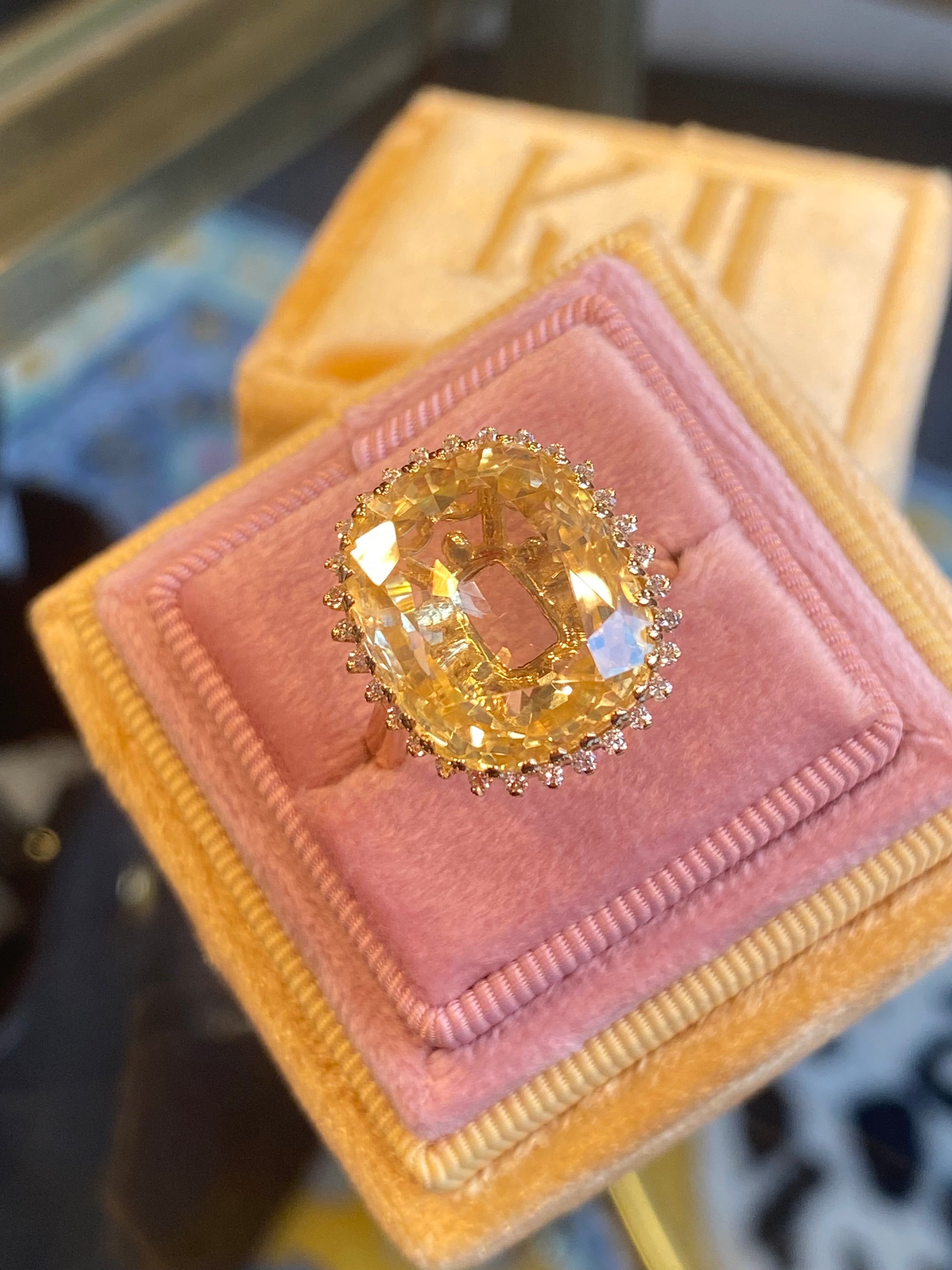 Masterpiece 19.23 Carat Certified Antique Unheated Yellow Sapphire and Diamond Ring