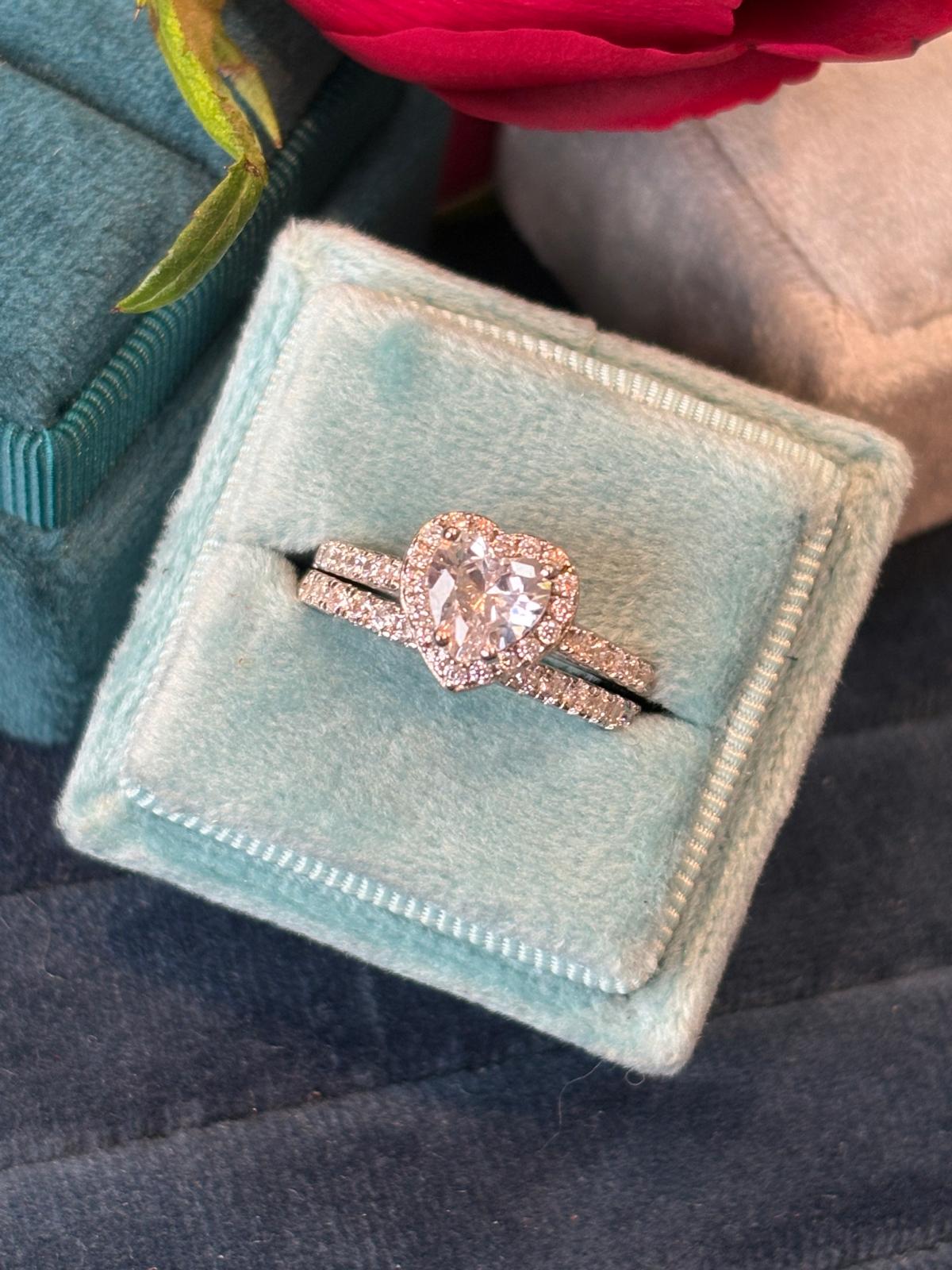 Heart Shape Moissanite Halo Engagement and Wedding / Eternity Ring Set in Sterling Silver