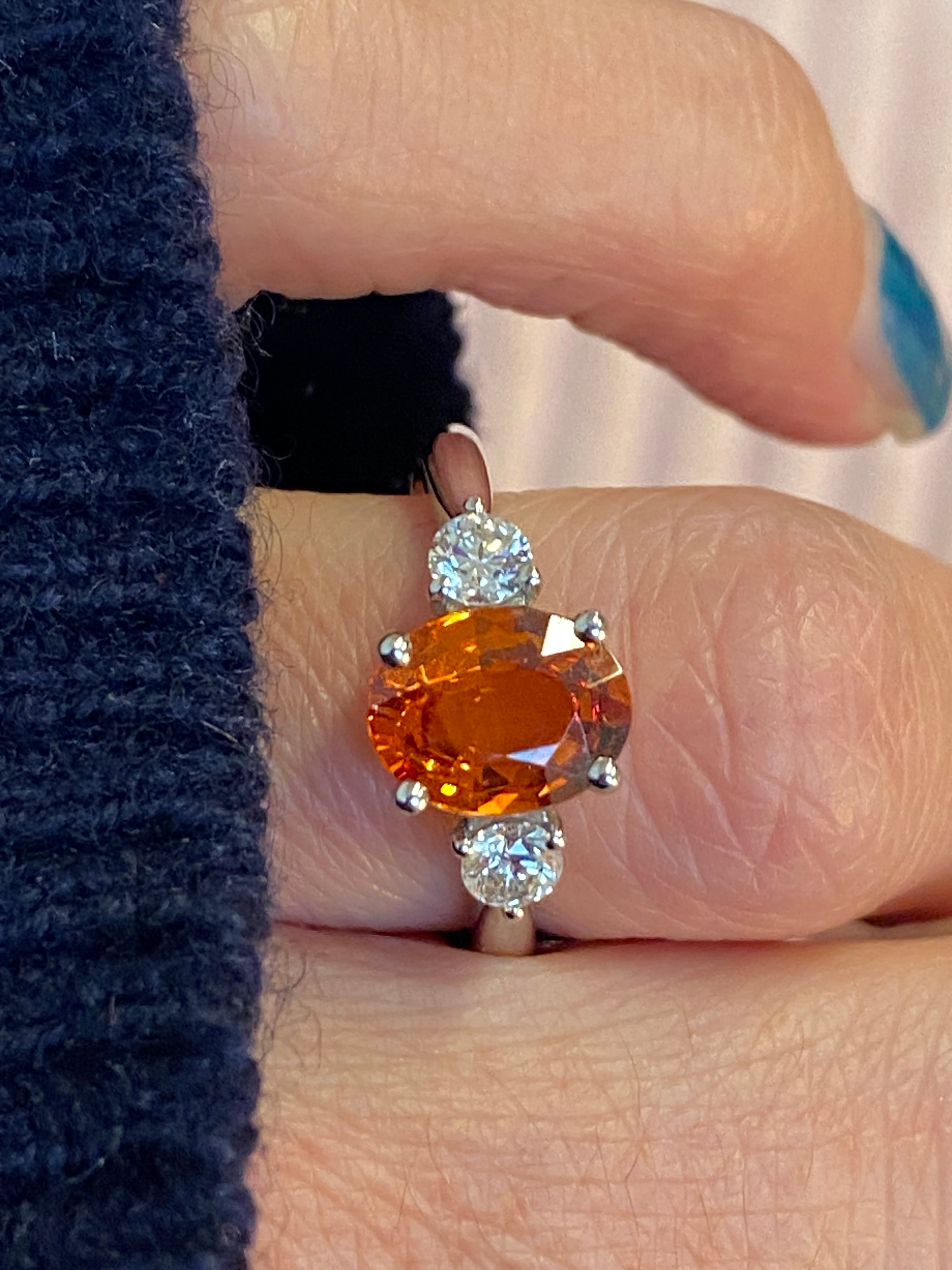 2.42 CTW Mandarin Garnet and Natural Diamond Three Stone Ring in Platinum