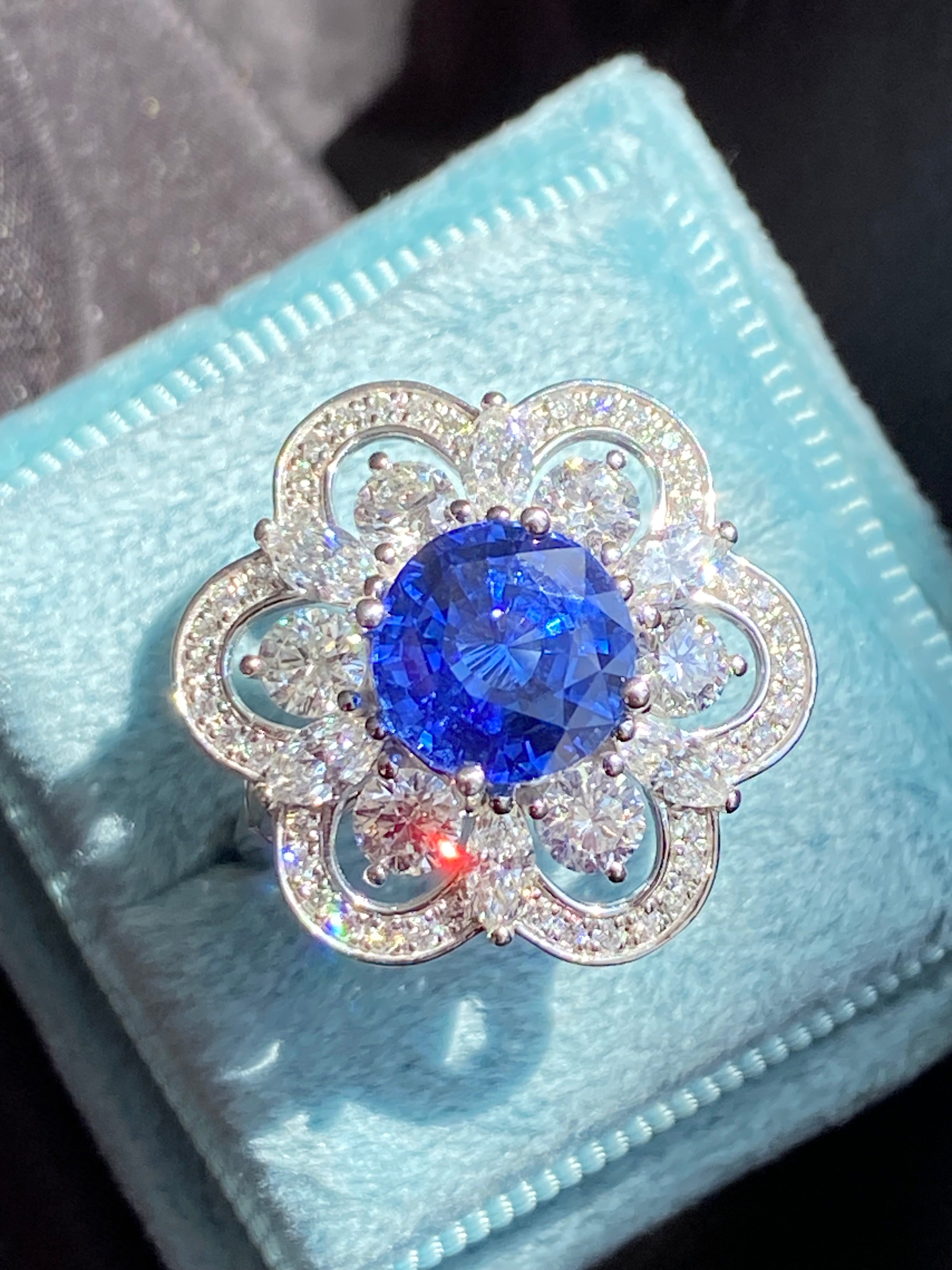Masterpiece Showstopper 5.44 CTW Ceylon Sapphire and Natural Diamond Halo Cocktail Ring in Platinum