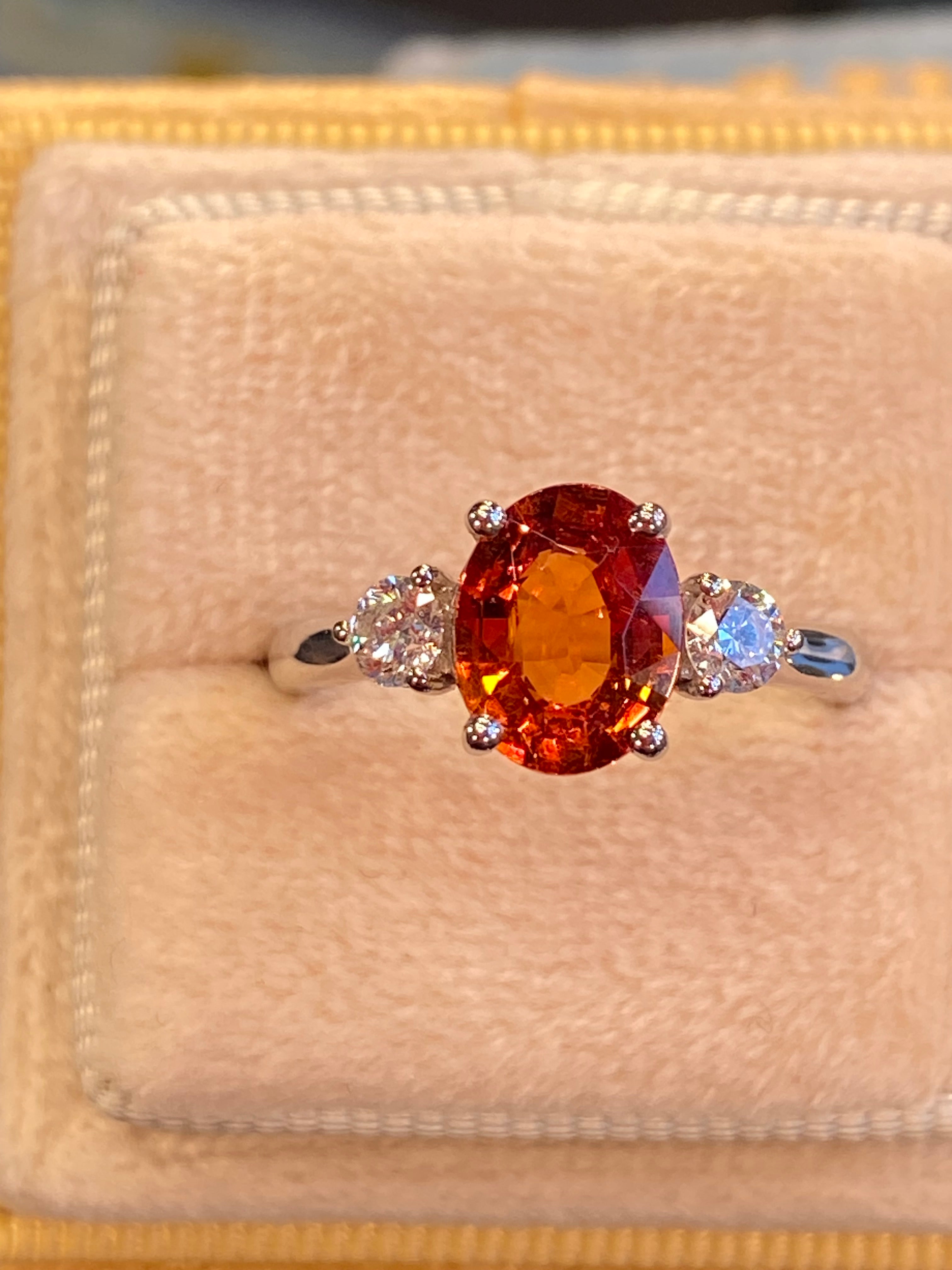 2.42 CTW Mandarin Garnet and Natural Diamond Three Stone Ring in Platinum