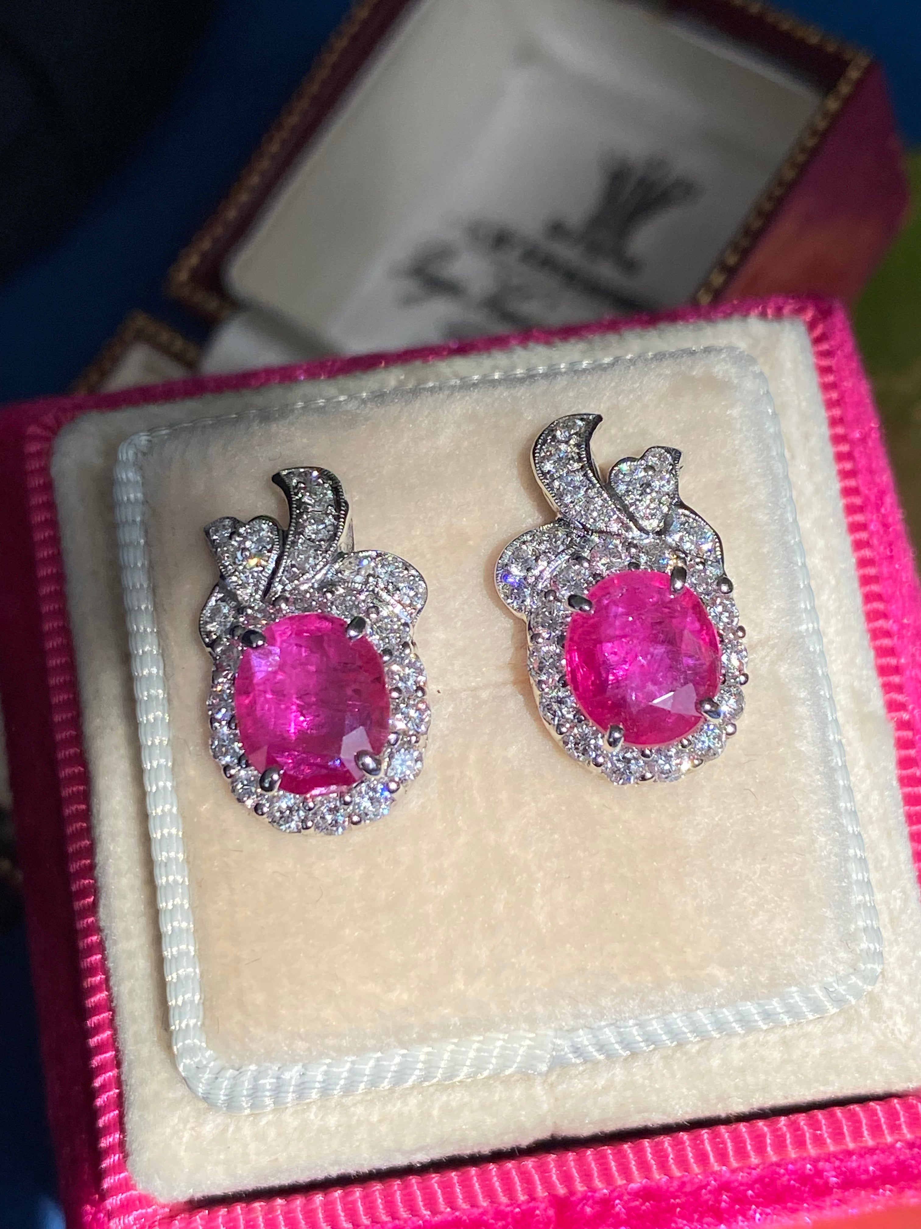 3.98 CTW Vintage Burmese Ruby Stud Earrings in 18ct White Gold