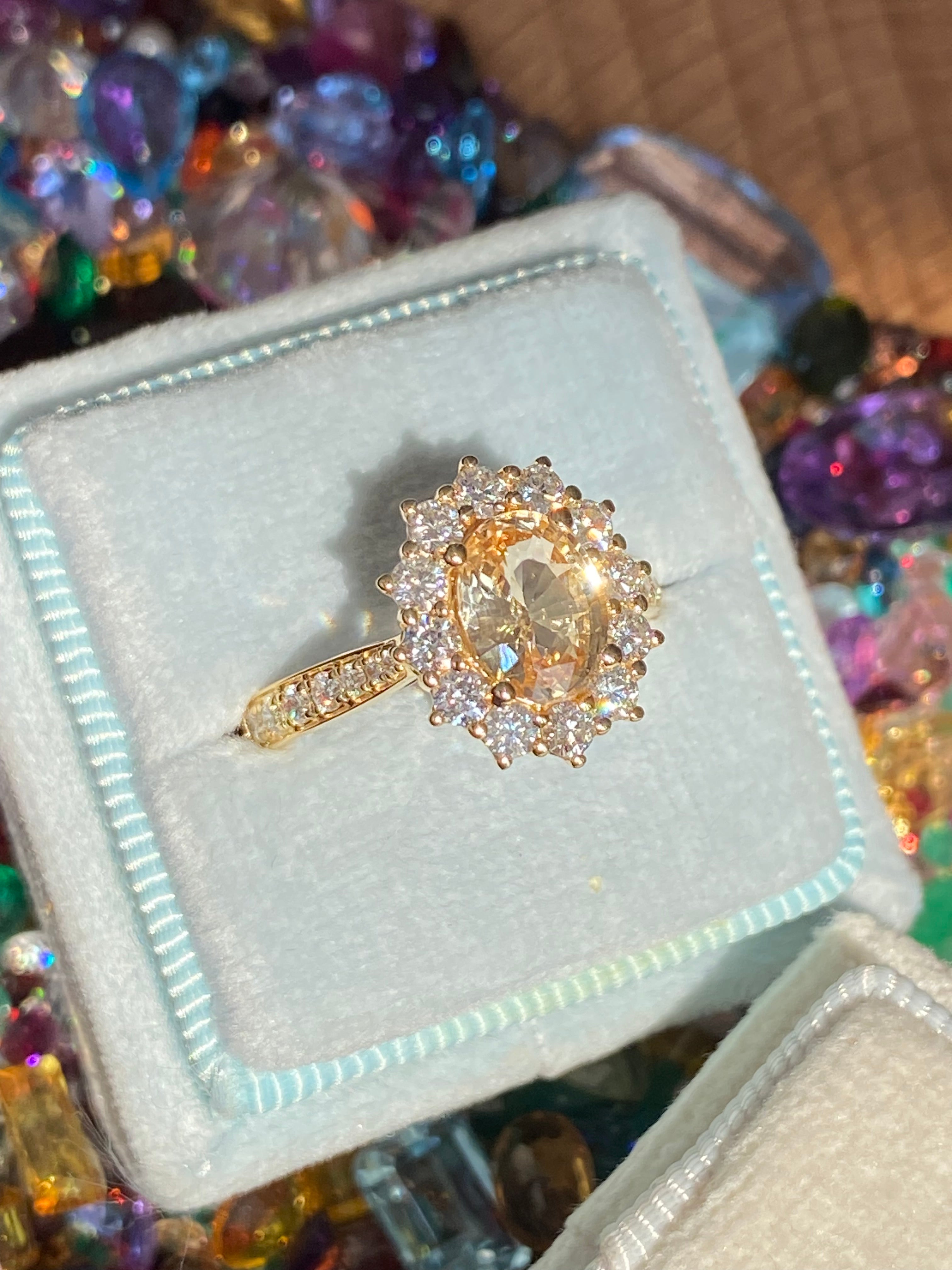 2.24 CTW Peach Sapphire and Natural Diamond Halo Ring in 18ct Yellow Gold