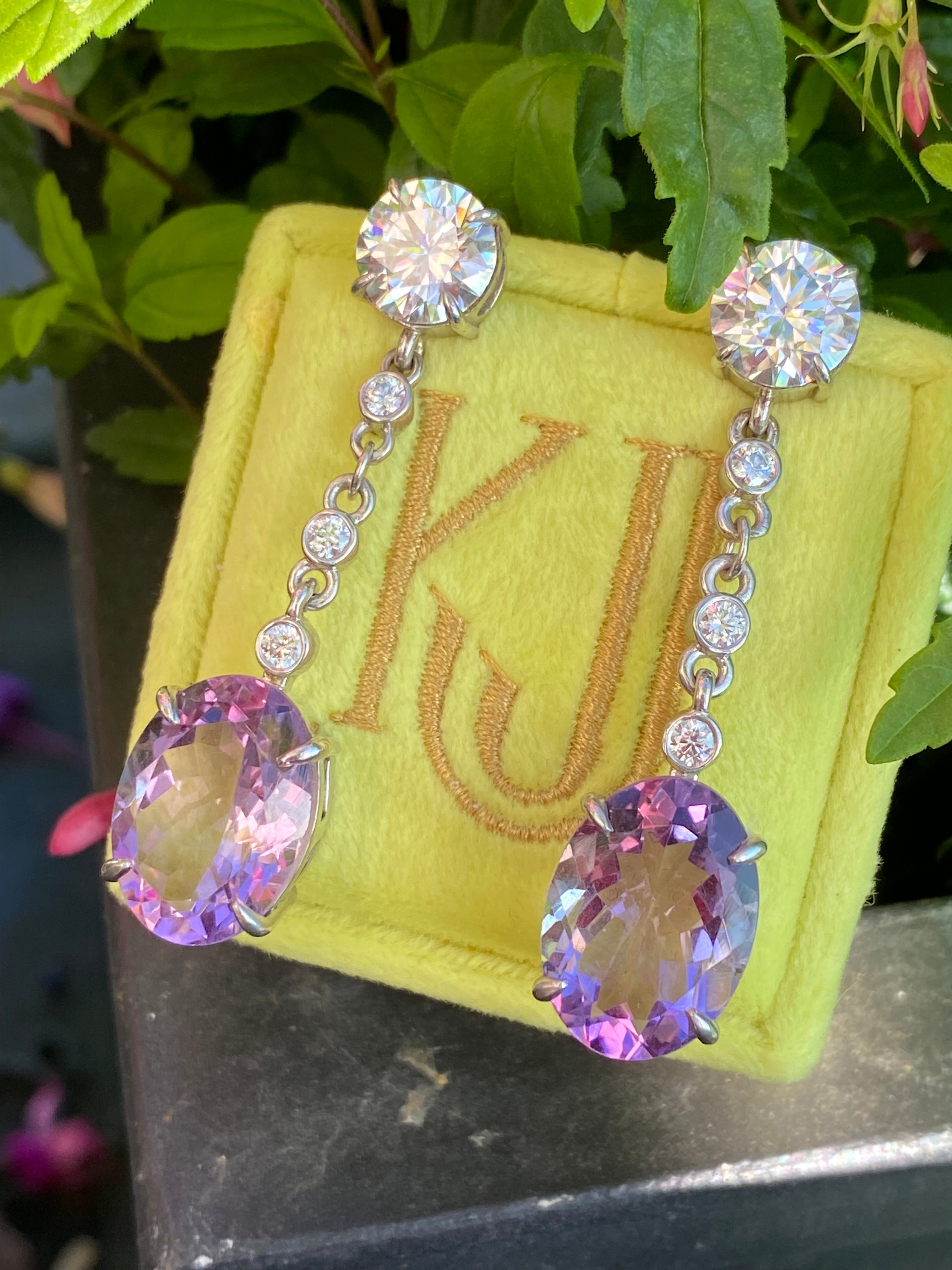 28.00 Carat Oval Cut Rose de France Amethyst and Moissanite Earrings in Sterling Silver