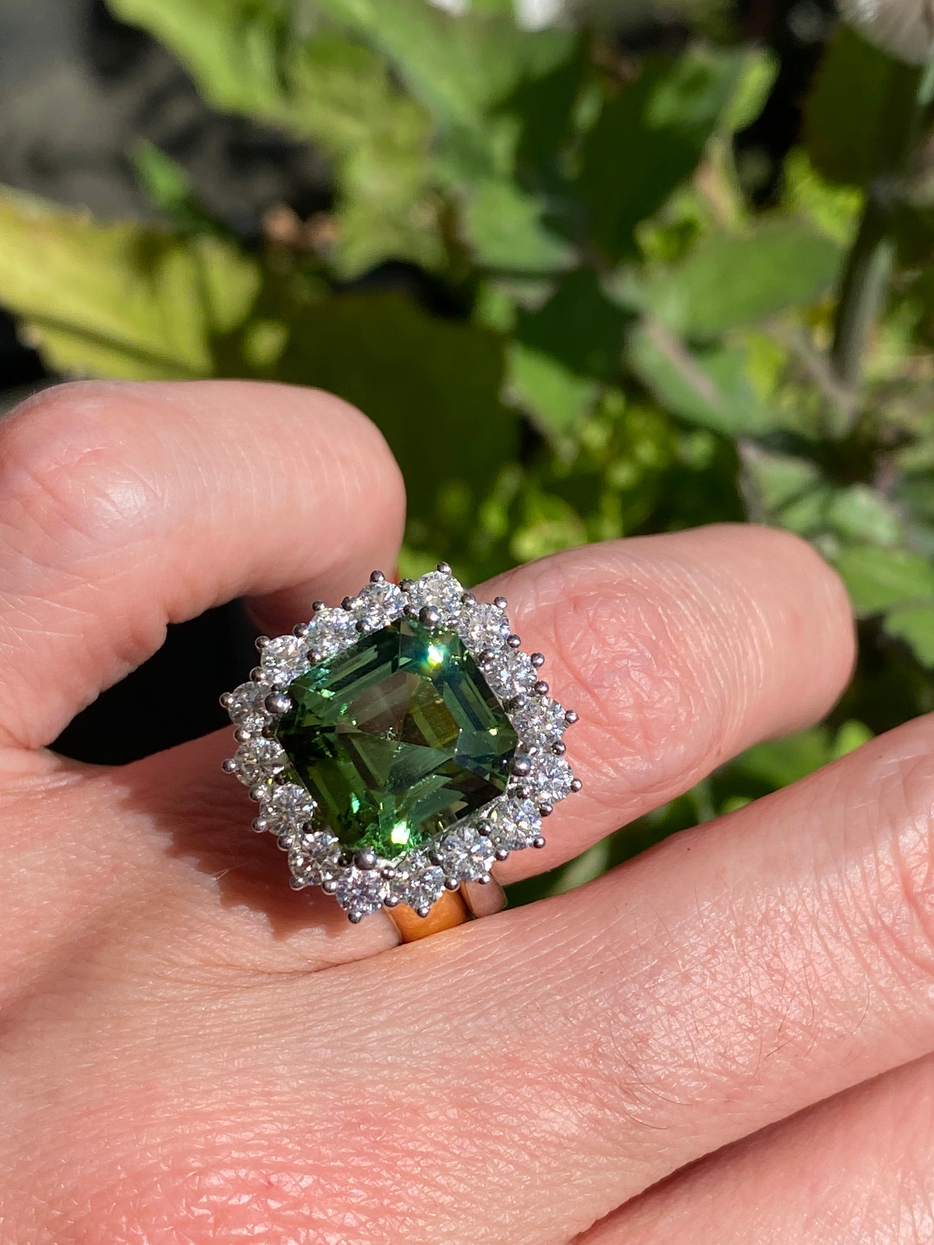8.44 Carat Asscher Cut Green Tourmaline and 1.38ctw Natural Diamond Ring in Platinum