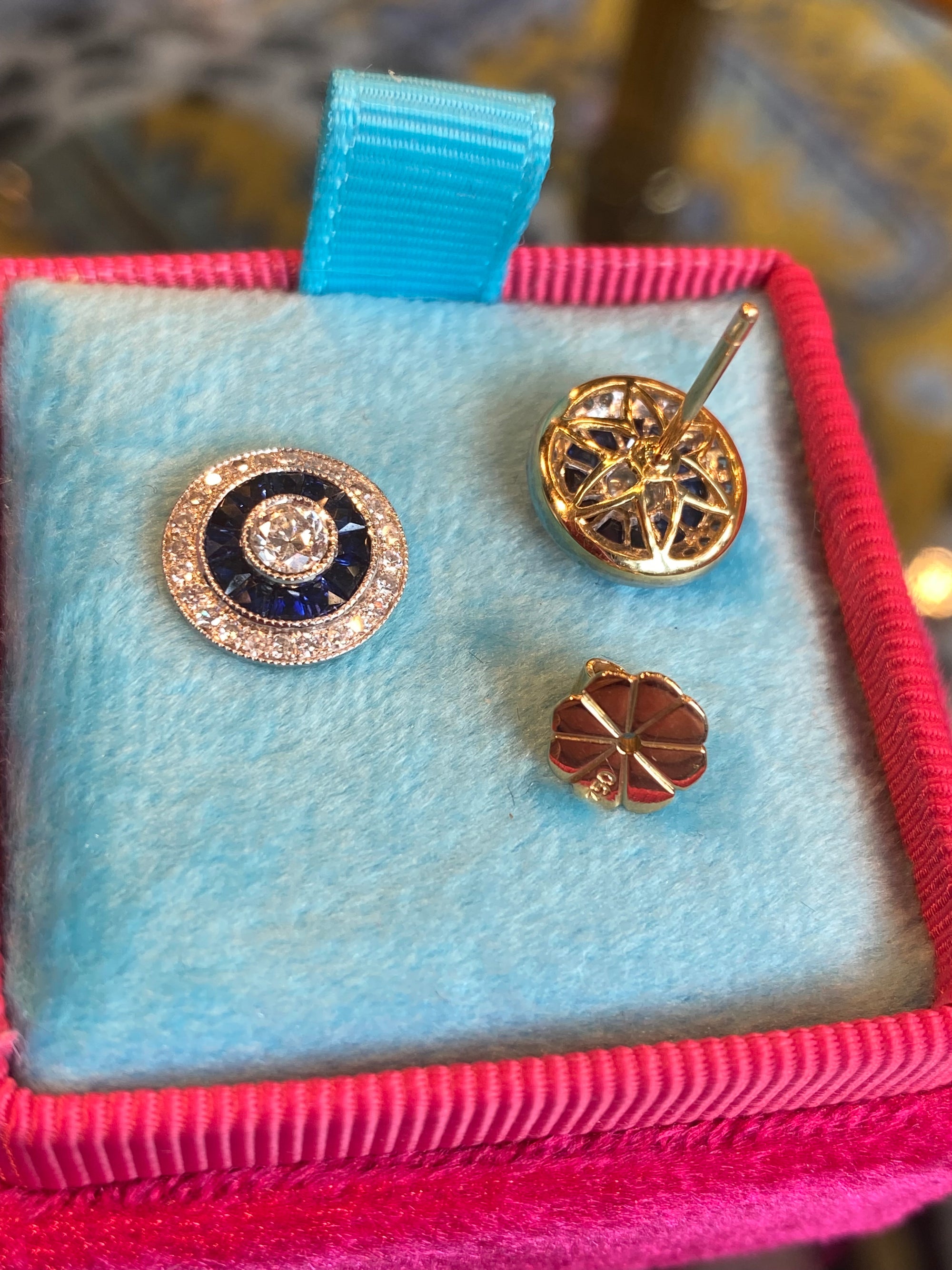 2.00ctw Old Cut Diamond and Sapphire Target Halo Earrings in 18ct Gold