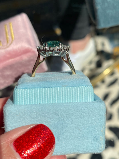 3.06 Carat Blue Tourmaline and Natural Diamond Halo Ring in Platinum and 18ct Yellow Gold