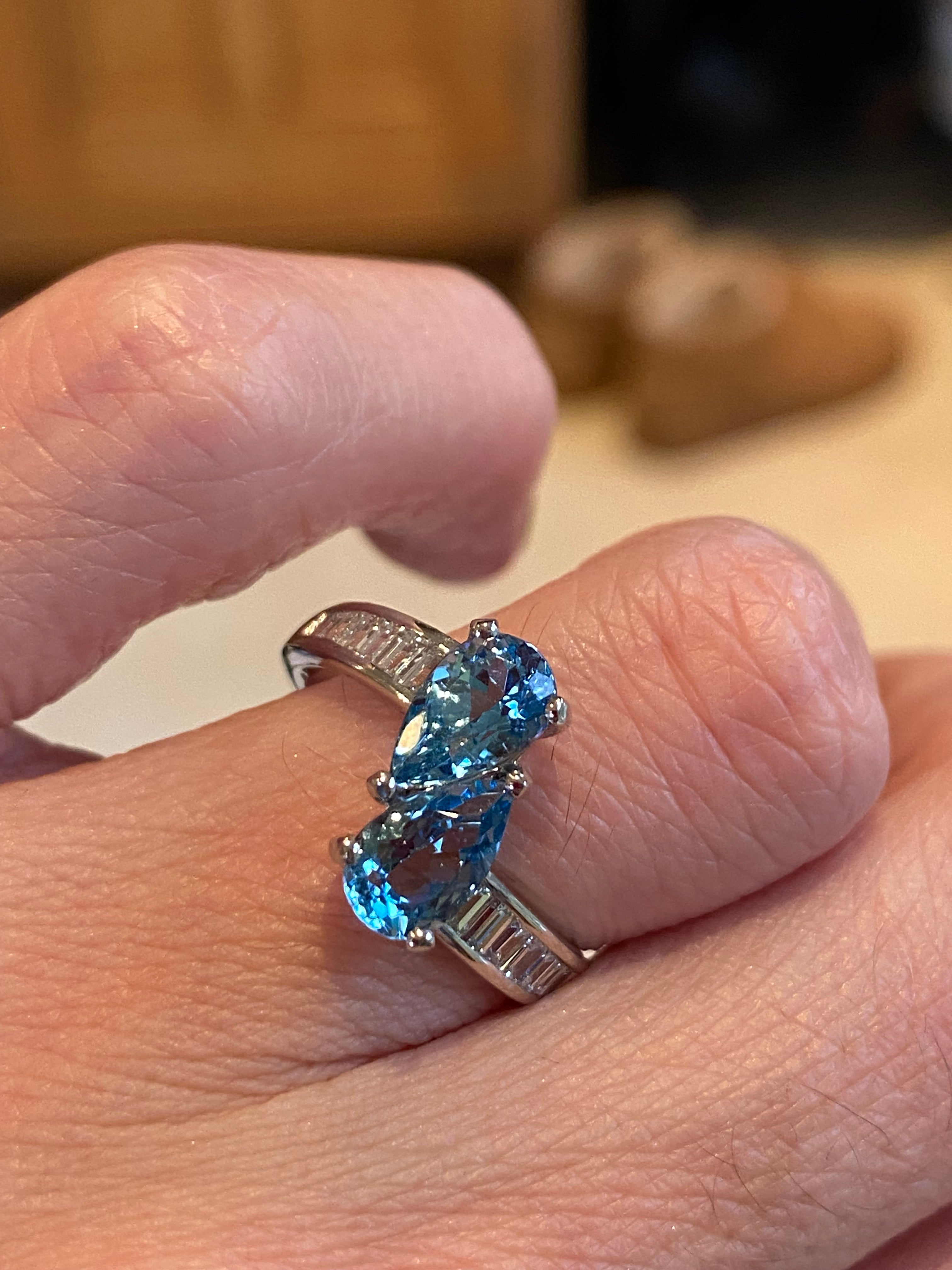 2.01 CTW Pear Cut Aquamarine and Natural Diamond Toi et Moi Ring in Platinum