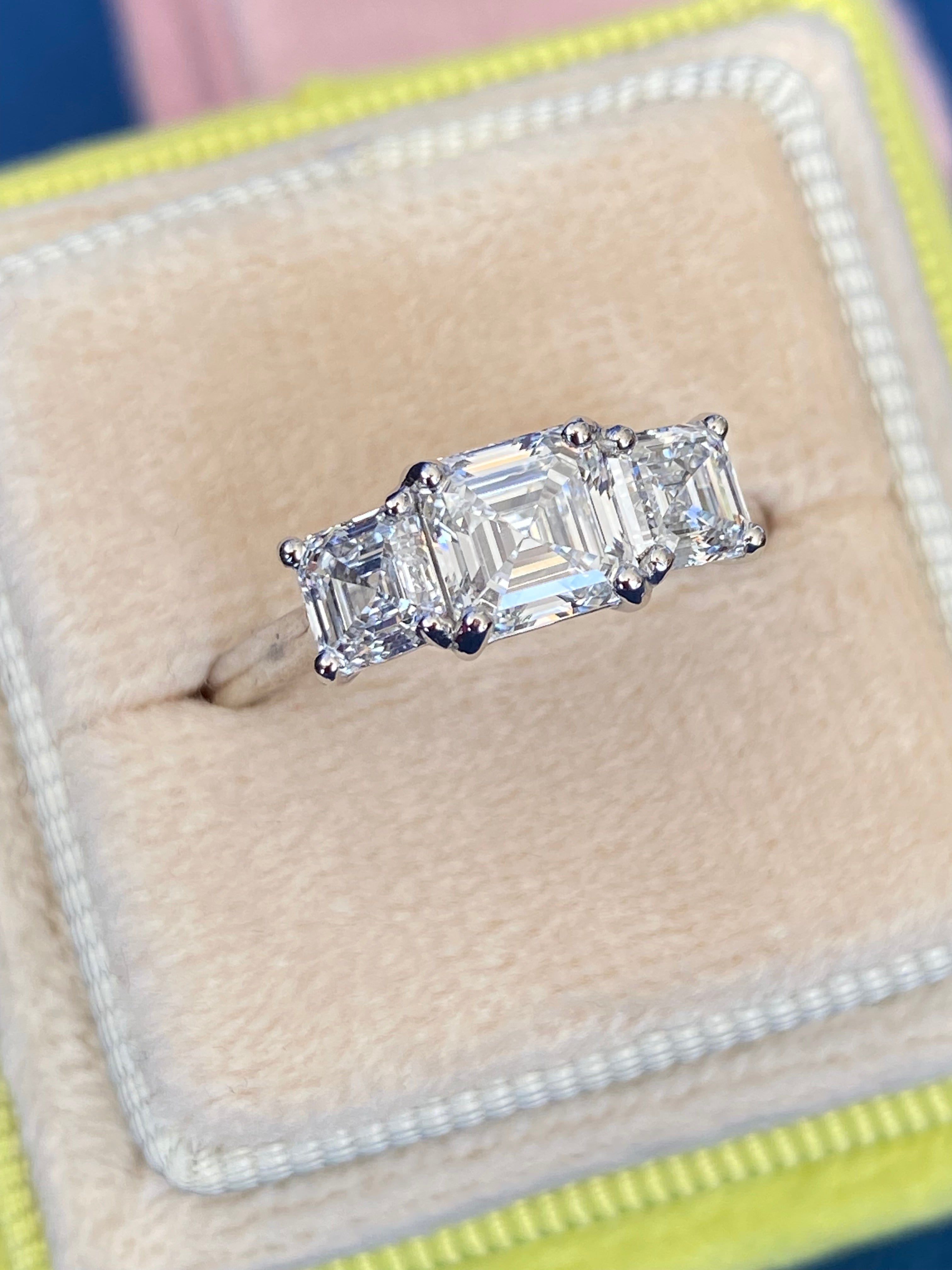 Heritage 2.00 CT + Asscher Cut Lab Grown Diamond Three Stone Trilogy Engagement Ring, at Least F Colour / VVS Clarity
