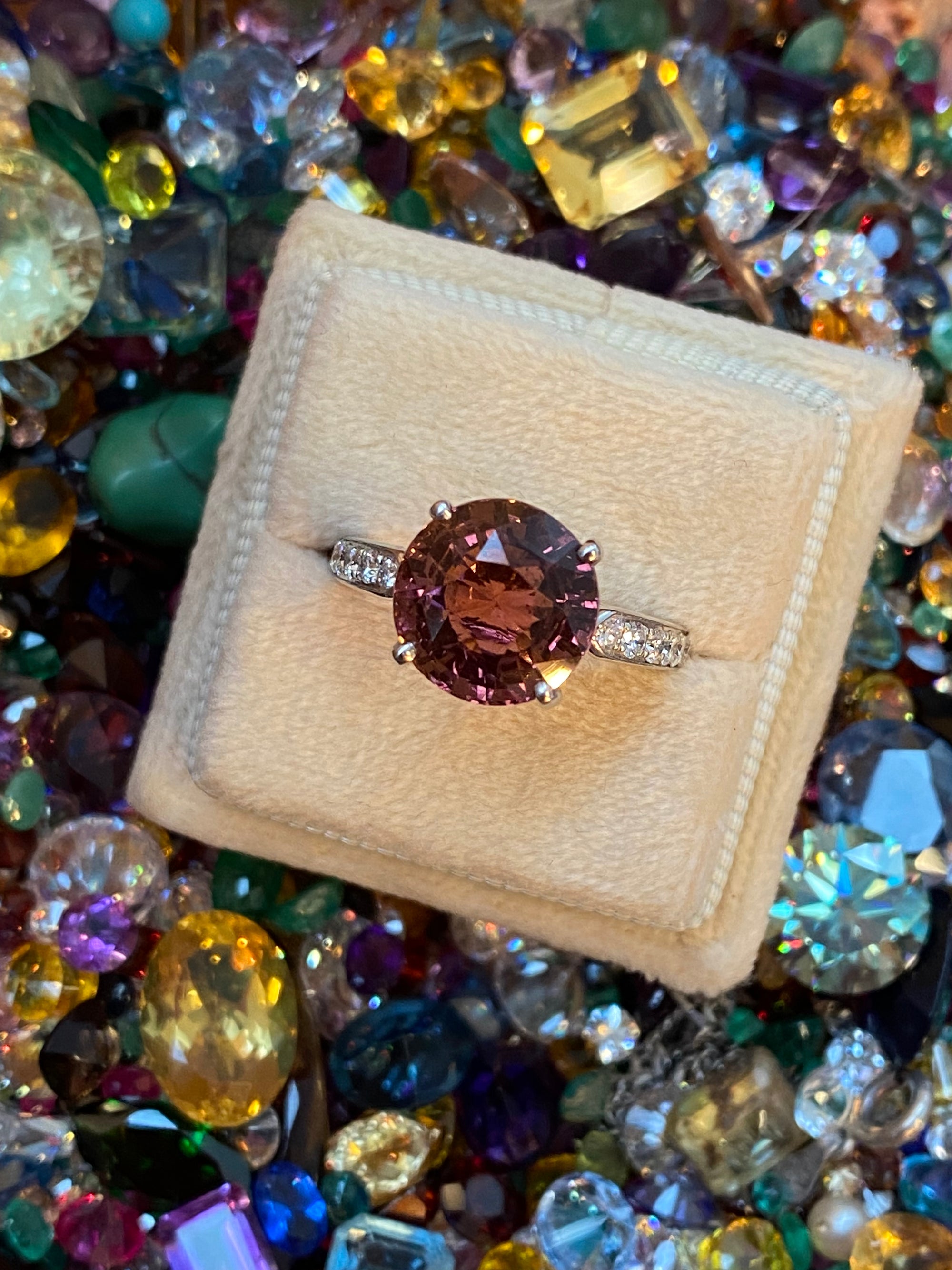 5.09 Carat Round Cut Pink Tourmaline and Natural Diamond Engagement Ring in Platinum