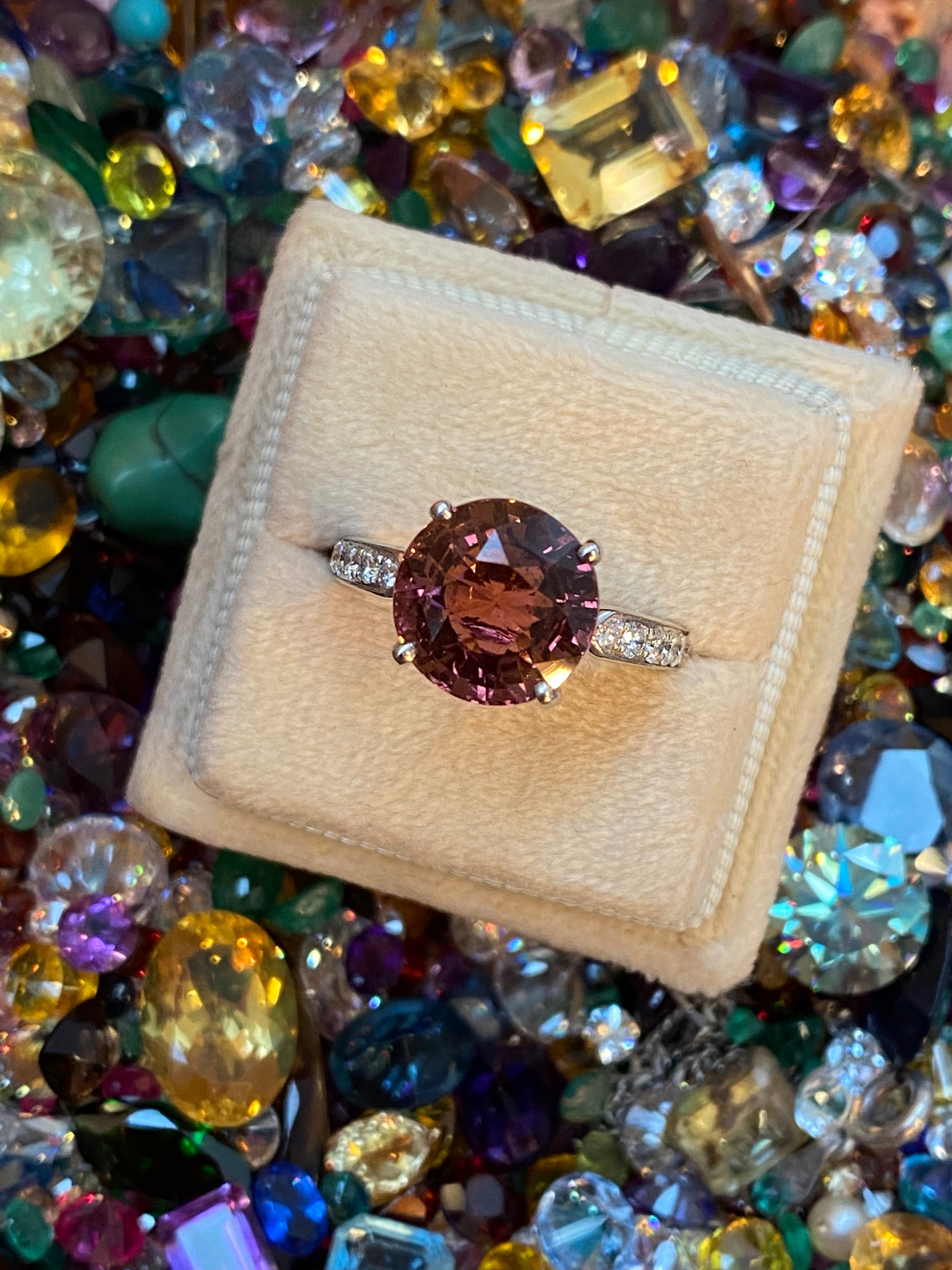5.09 Carat Round Cut Pink Tourmaline and Natural Diamond Engagement Ring in Platinum