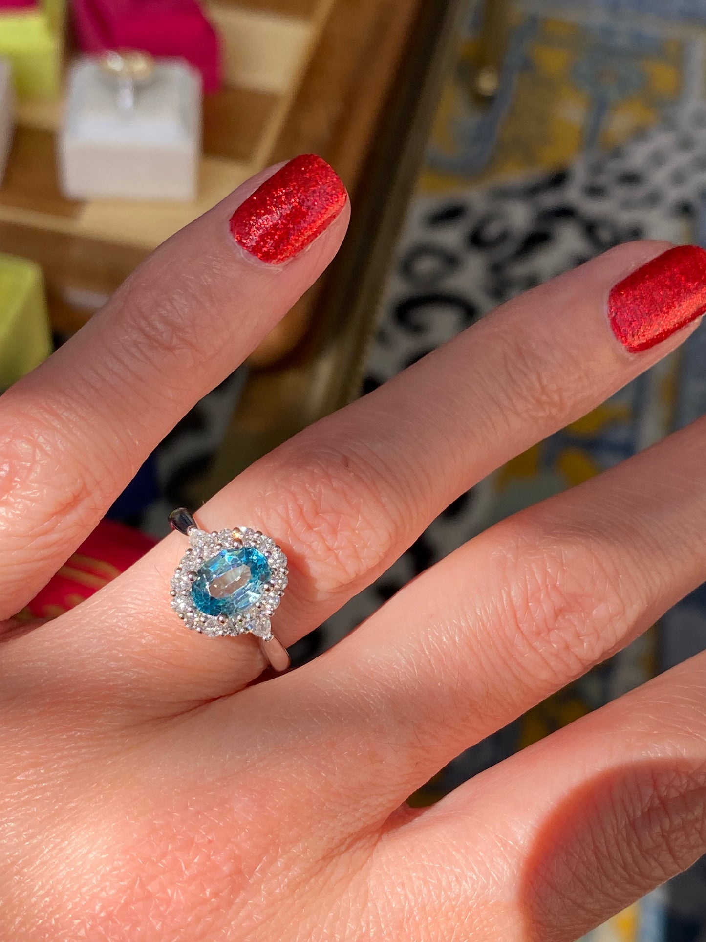 1.78 Carat Blue Zircon and Natural Diamond Halo Ring in Platinum