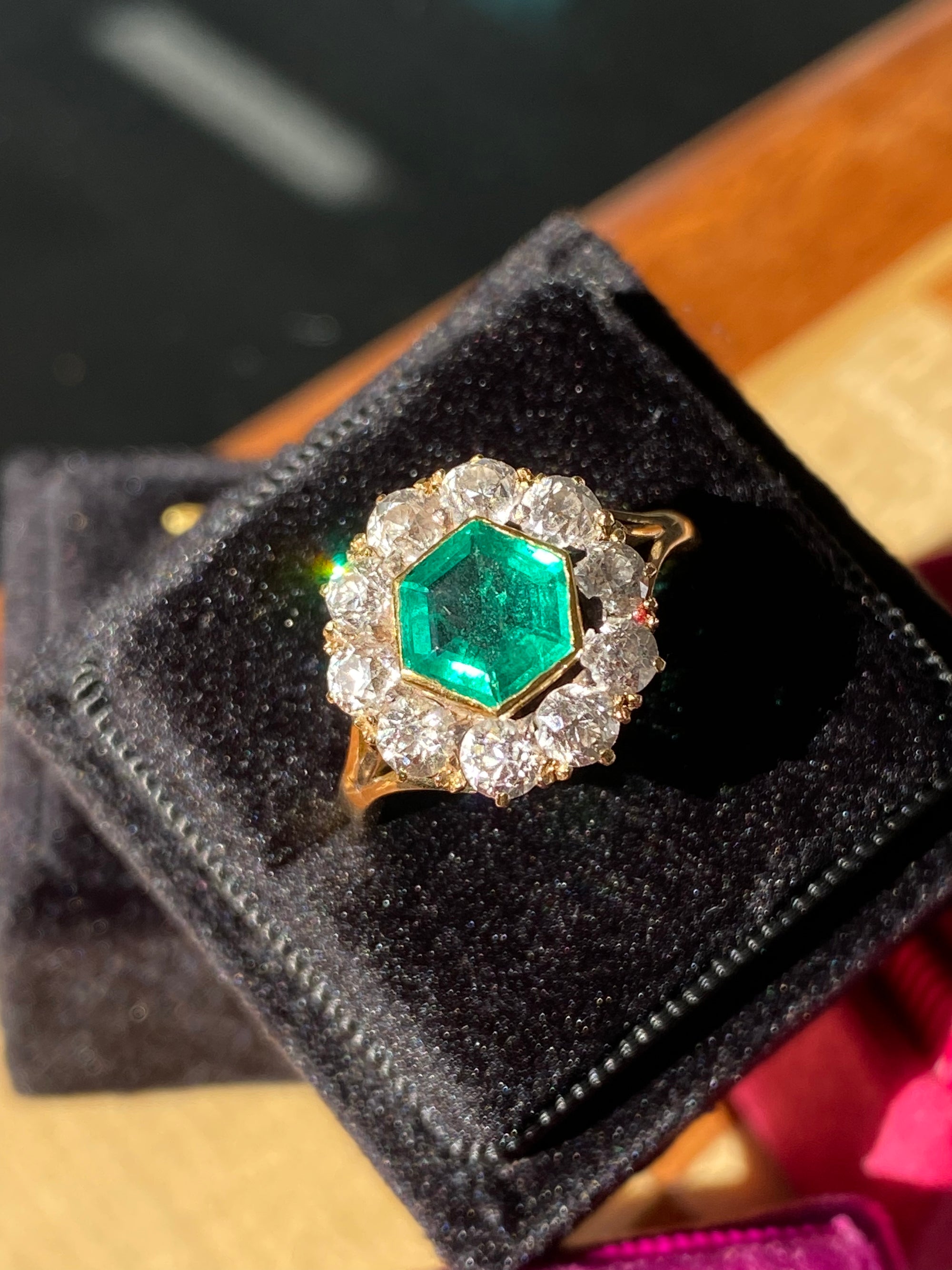 3.00 CTW Colombian Emerald and Old Cut Diamond Halo Ring in 18ct Yellow Gold