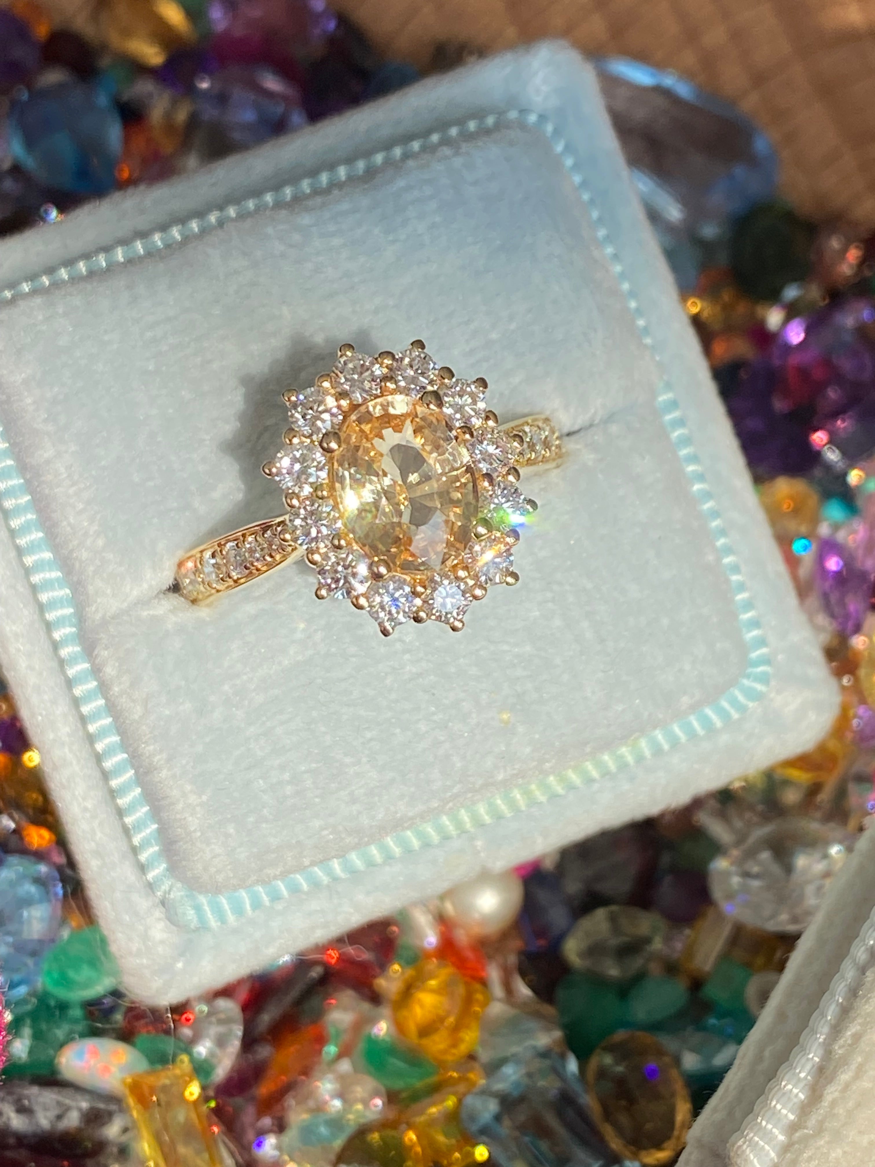 2.24 CTW Peach Sapphire and Natural Diamond Halo Ring in 18ct Yellow Gold
