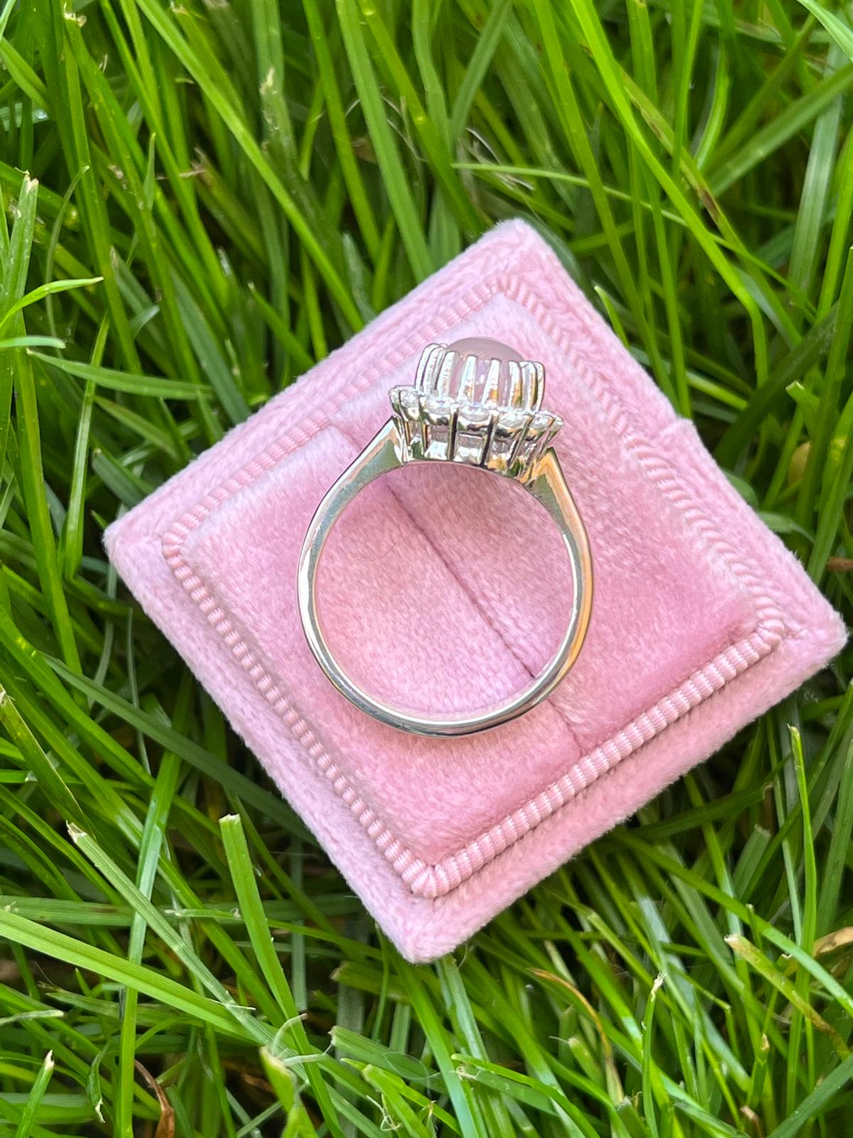 3.50 CTW Oval Cabochon Cut Rose Quartz and Moissanite Halo Cocktail Ring