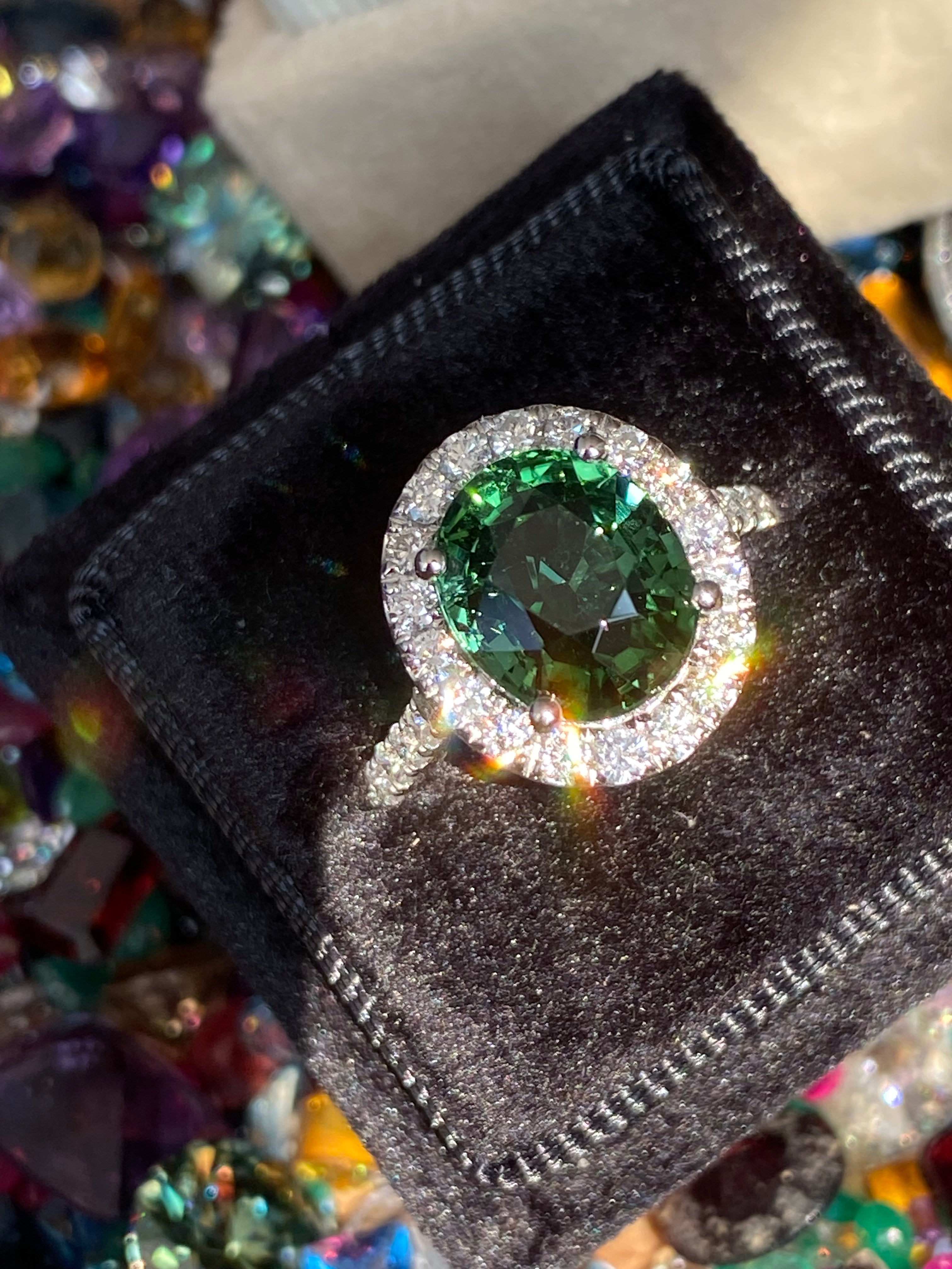 5.45 CTW Green Tourmaline and Natural Diamond Halo Ring in Platinum