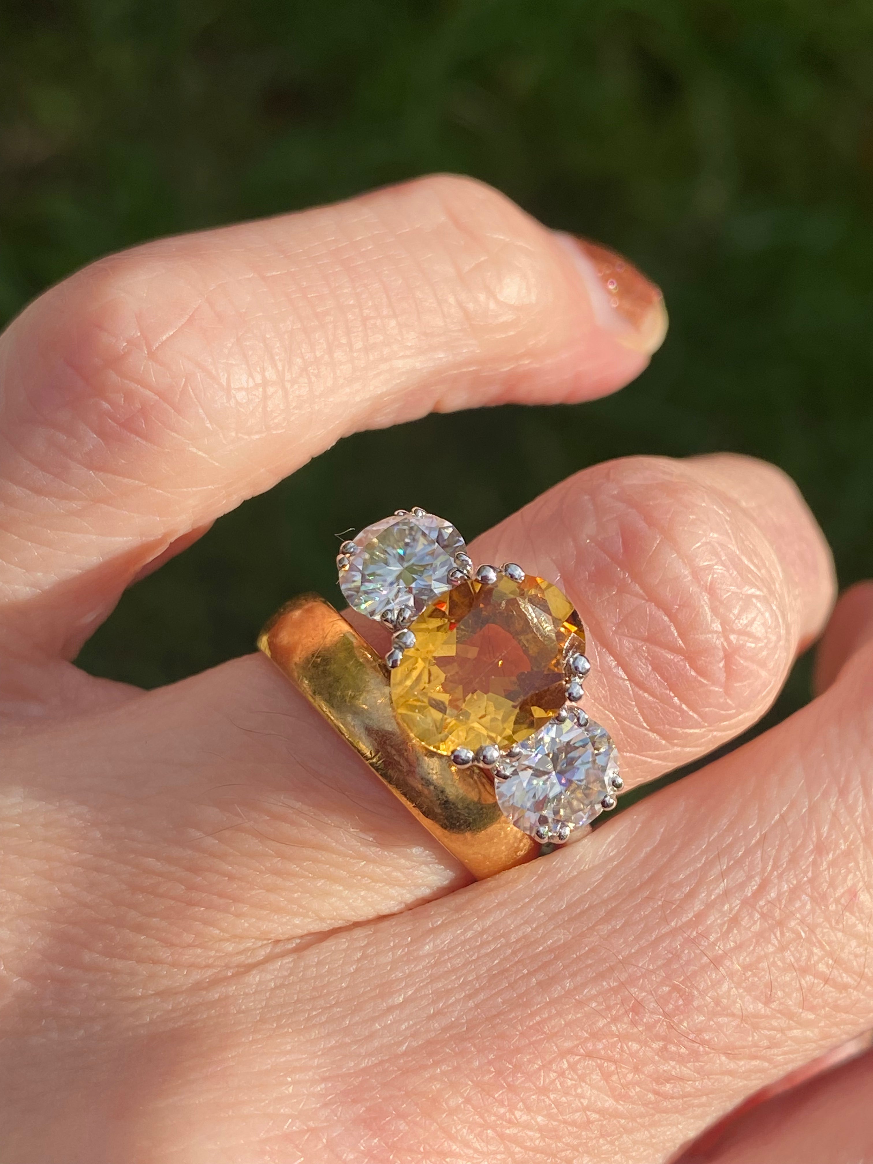 2.57 Carat Citrine and 1.84 Carat Moissanite Three Stone Ring in Sterling Silver