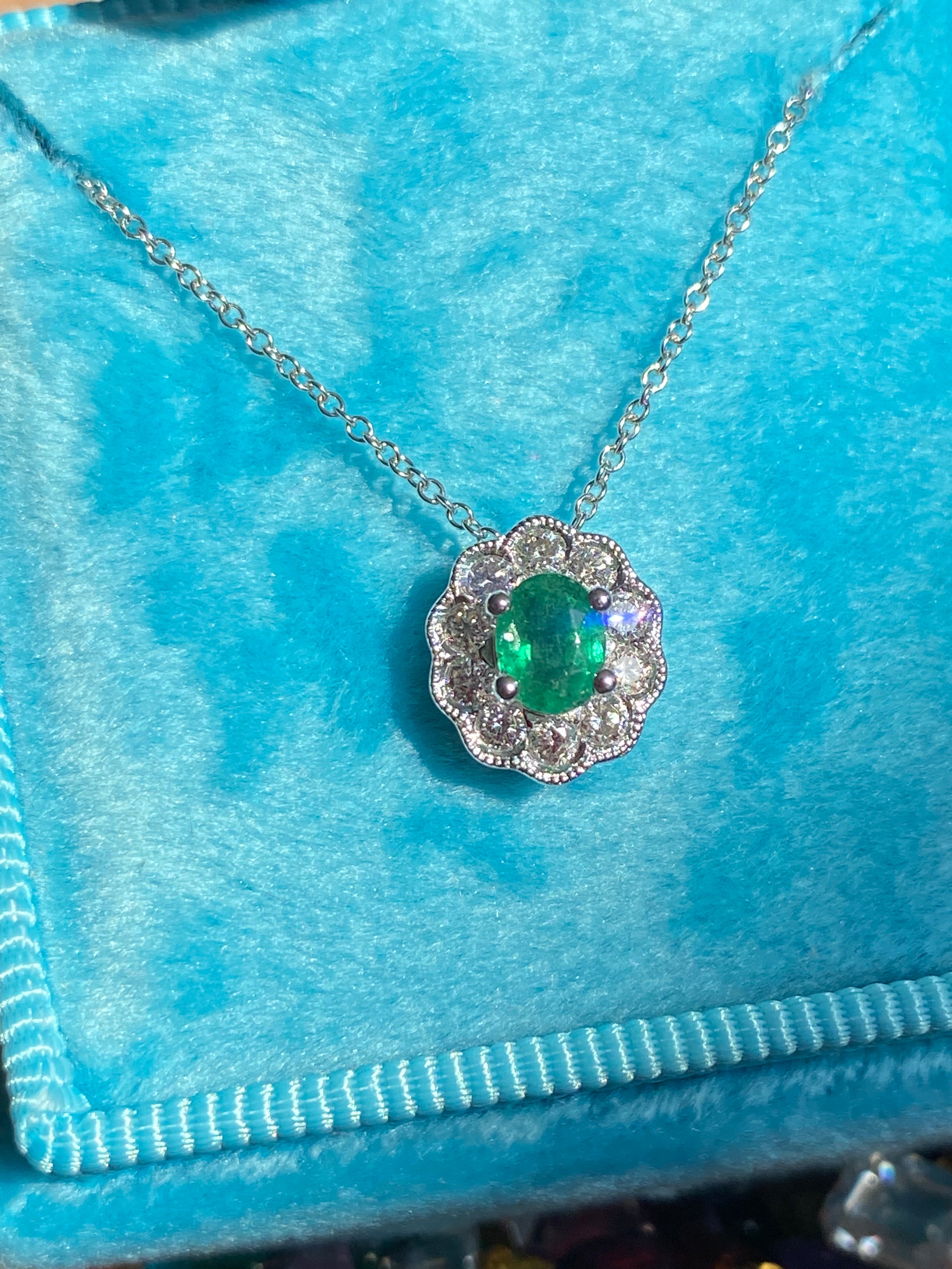 Beautiful Emerald and Natural Diamond Pendant in 18ct White Gold