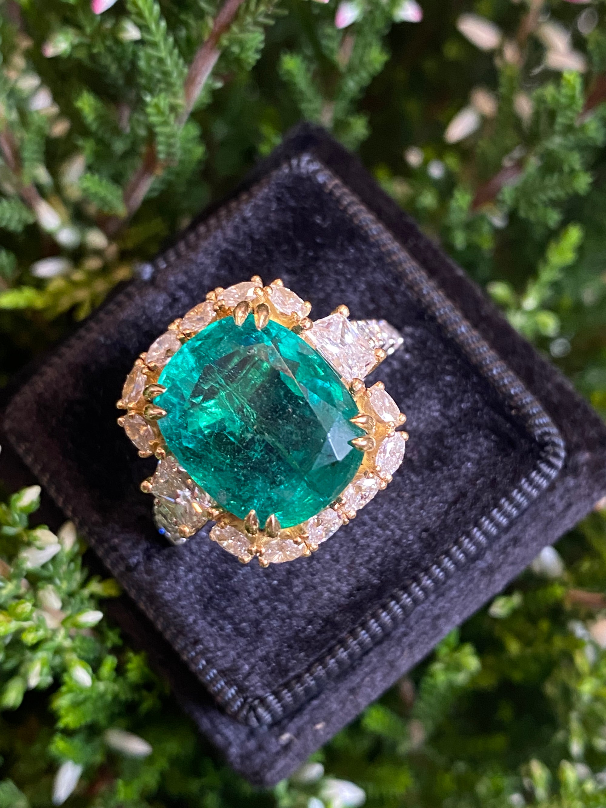 8.75 Carat Cushion Cut Zambian Emerald and 2.53 CTW Natural Diamond Halo Ring in Platinum and 18ct Yellow Gold