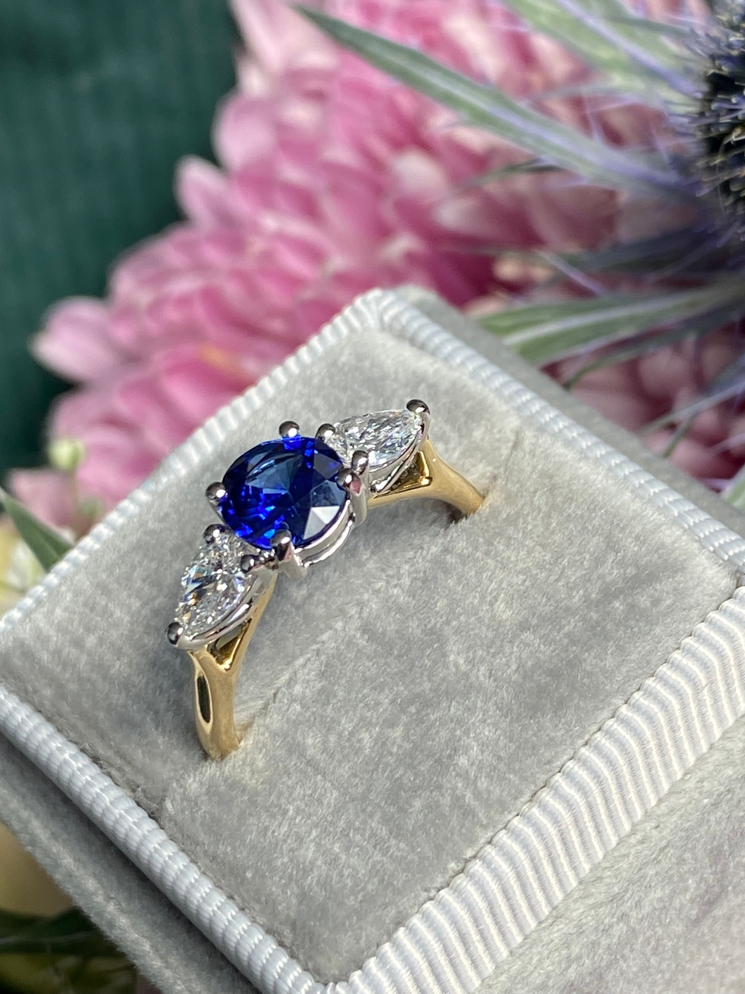 1.52 CTW Blue Ceylon Sapphire and Natural Diamond Three Stone Engagement Ring in Platinum and 18ct Yellow Gold