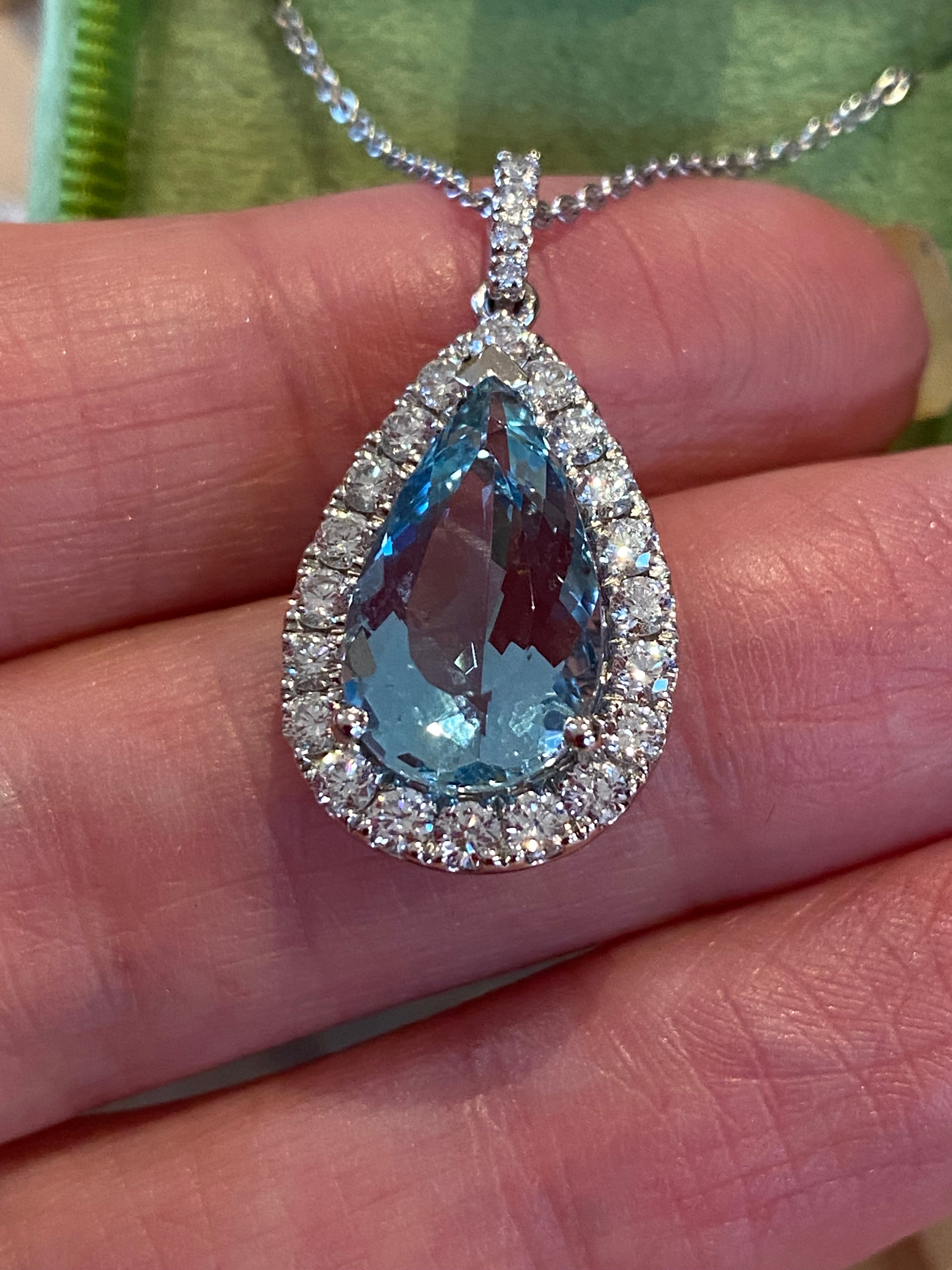 5.14 CTW Pear Cut Aquamarine and Natural Diamond Pendant Necklace in 18ct White Gold