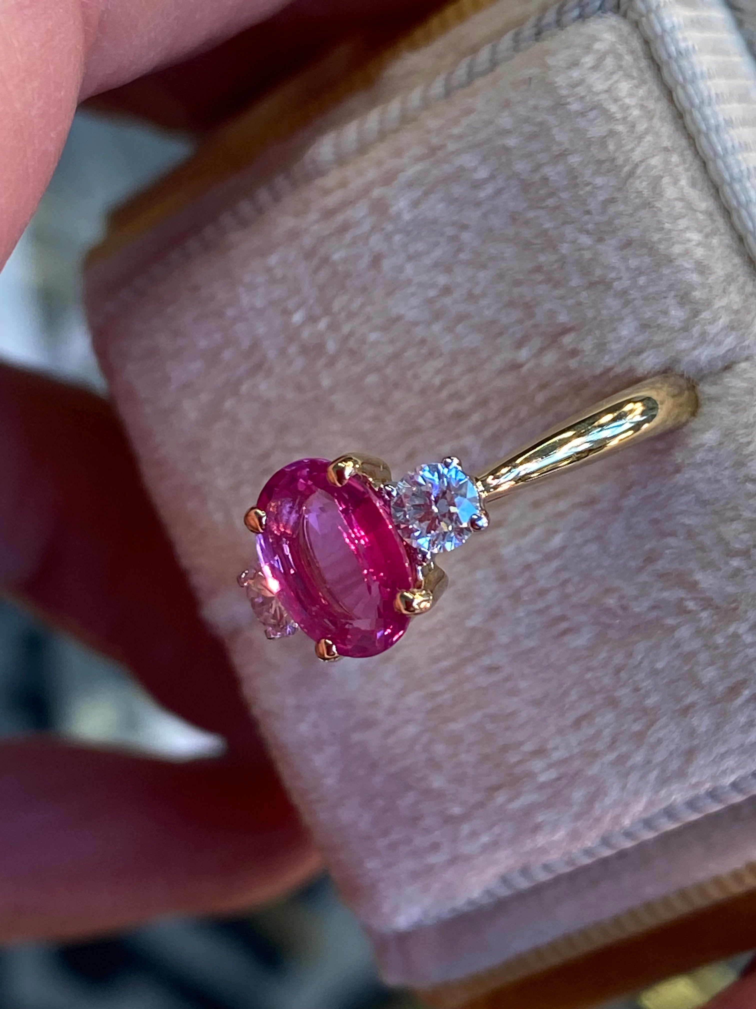 1.23 Carat No Heat Ceylon Pink Sapphire and Natural Diamond Three Stone Engagement Ring in Platinum and 18ct Yellow Gold