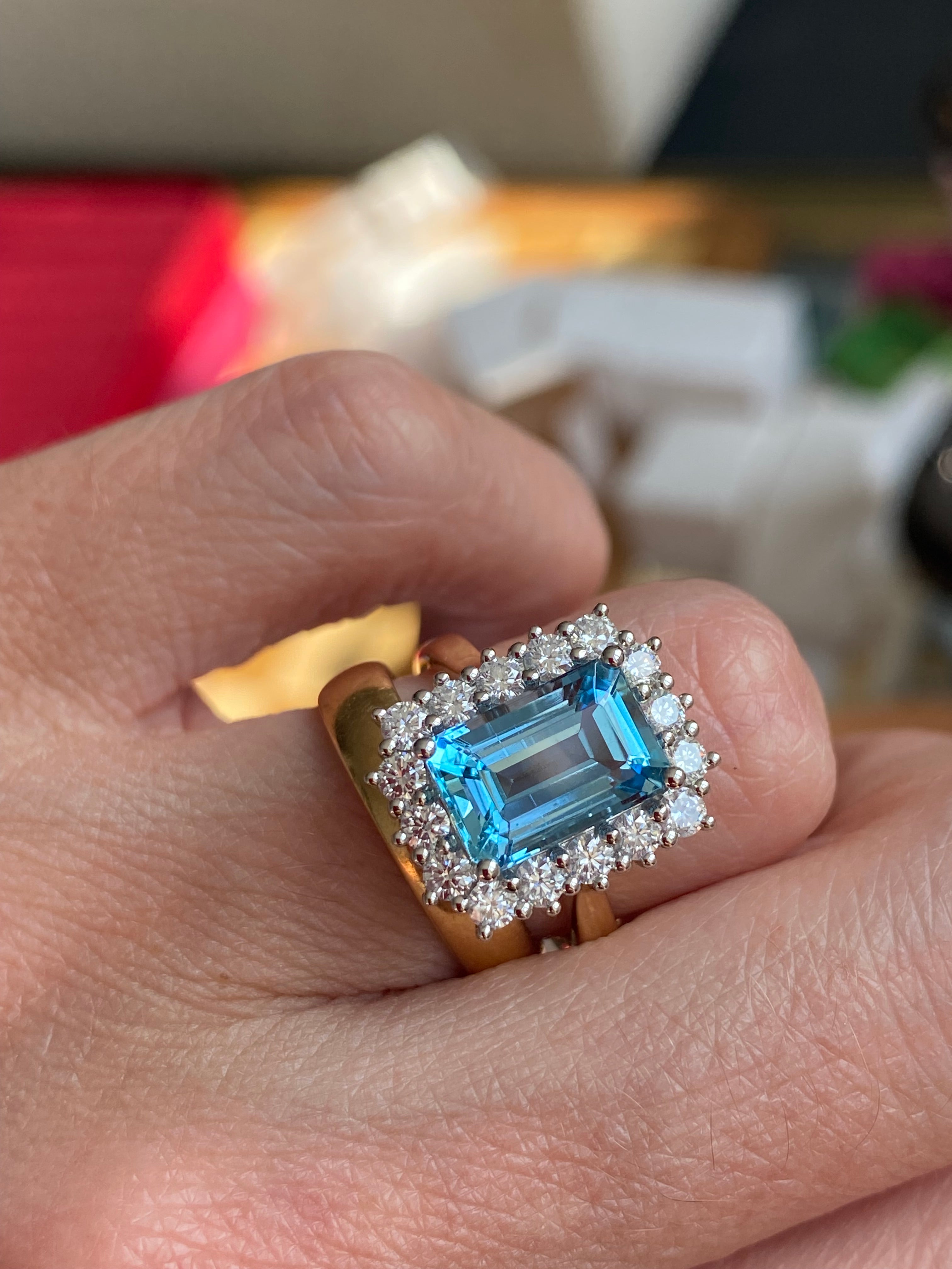 3.05 Carat Aquamarine and 0.89ctw Natural Diamond Halo Ring in Platinum and 18ct Yellow Gold