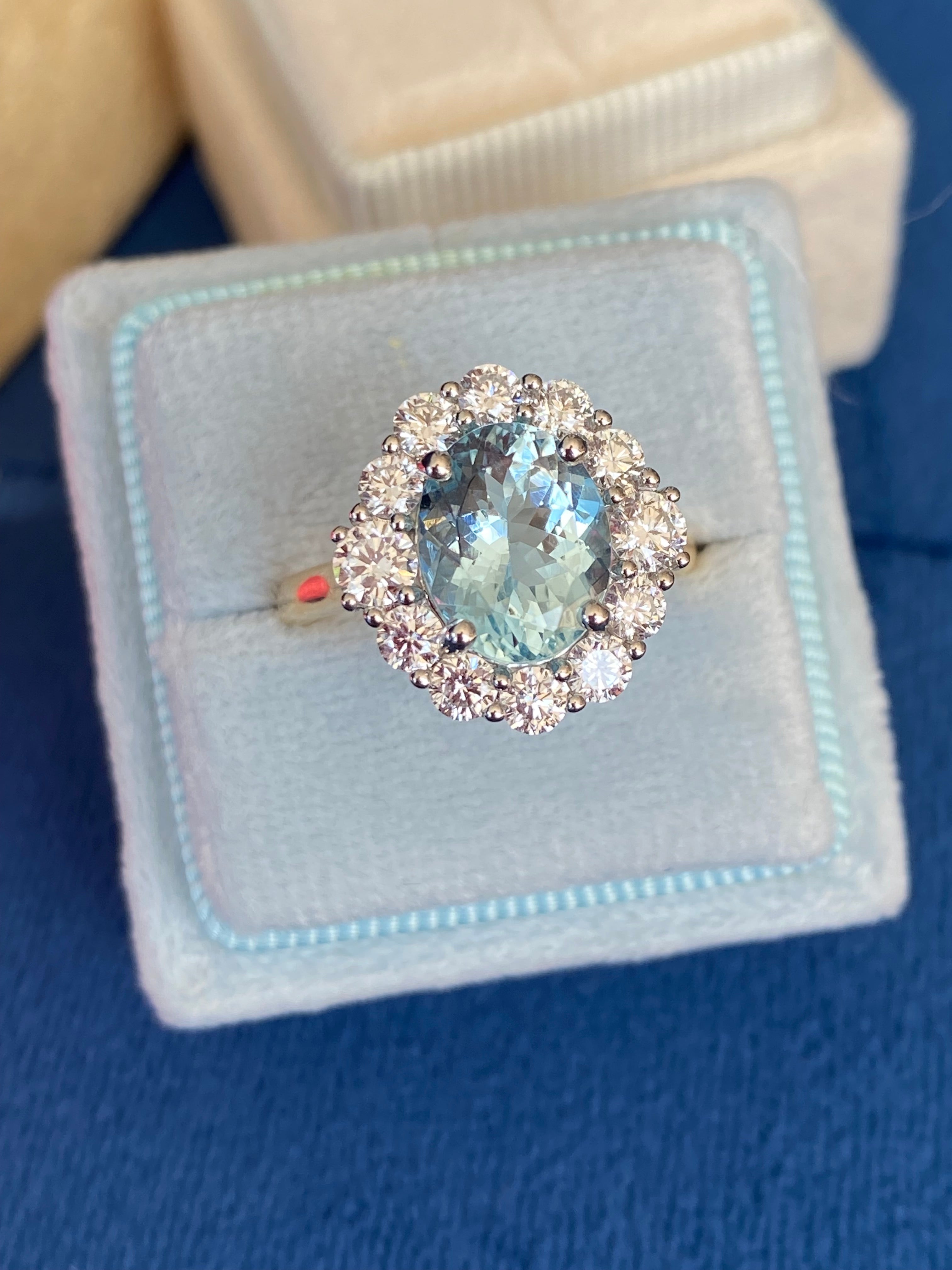 3.53 CTW Aquamarine and Natural Diamond Halo Ring in Platinum and 18ct Yellow Gold