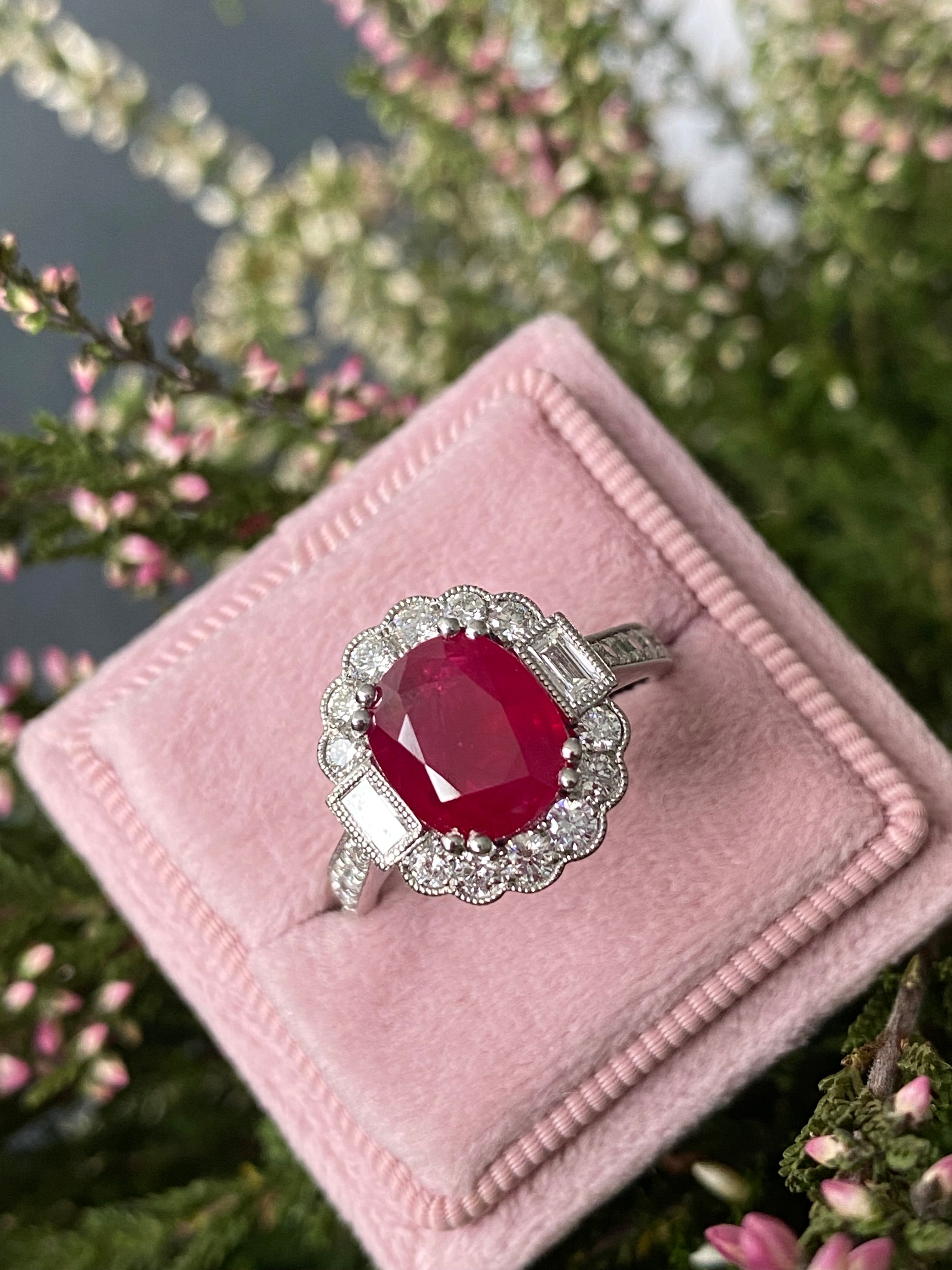 3.54 Carat Oval-Cut Ruby and 0.77 ctw Natural Diamond Halo Ring in Platinum