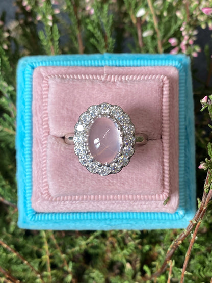 4.50 CTW Oval Cabochon Cut Rose Quartz and Moissanite Halo Cocktail Ring