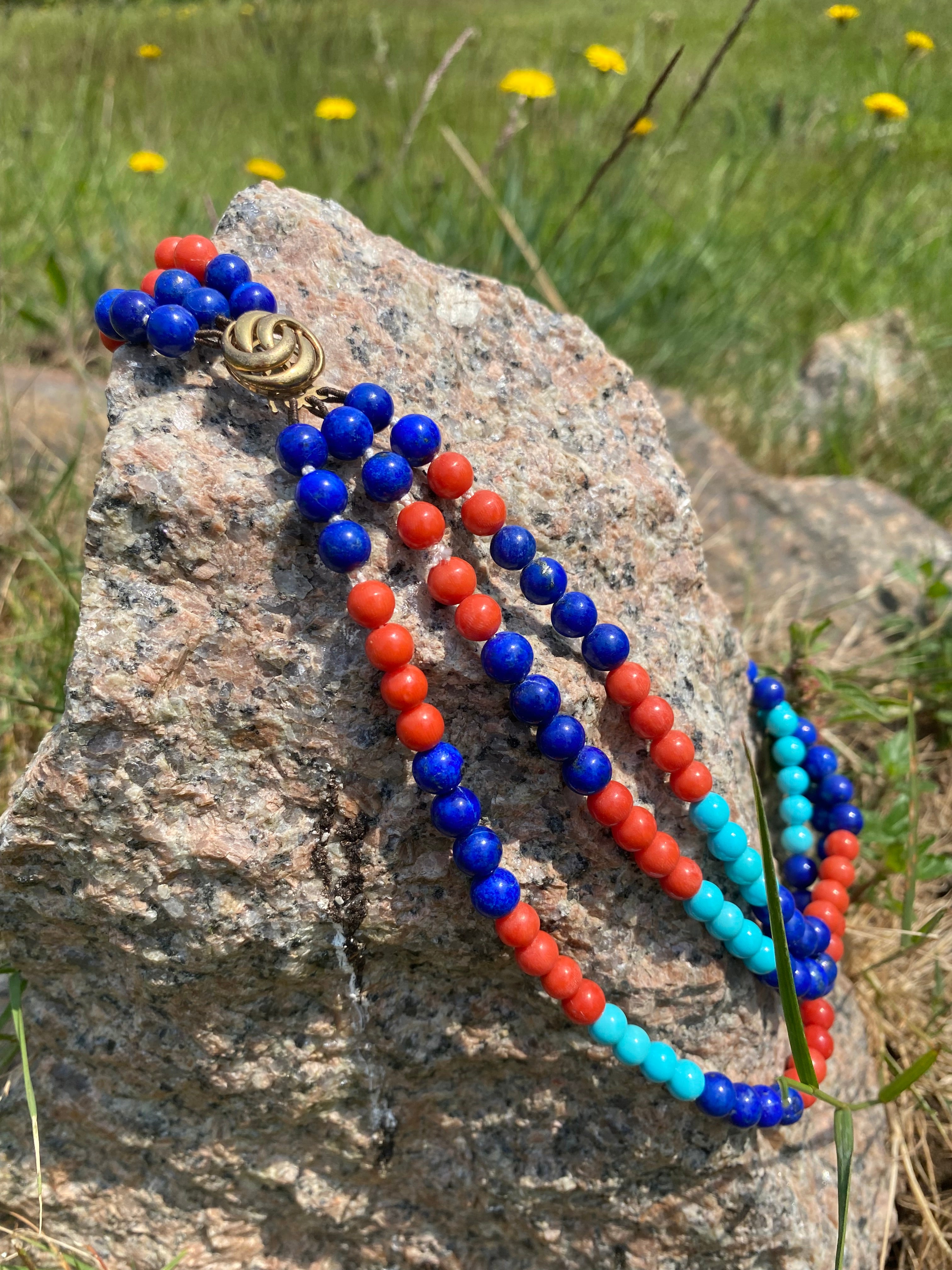 Egyptian Revival Lapis Lazuli, Turquoise, and Coral Triple Strand Necklace 9ct Yellow Gold