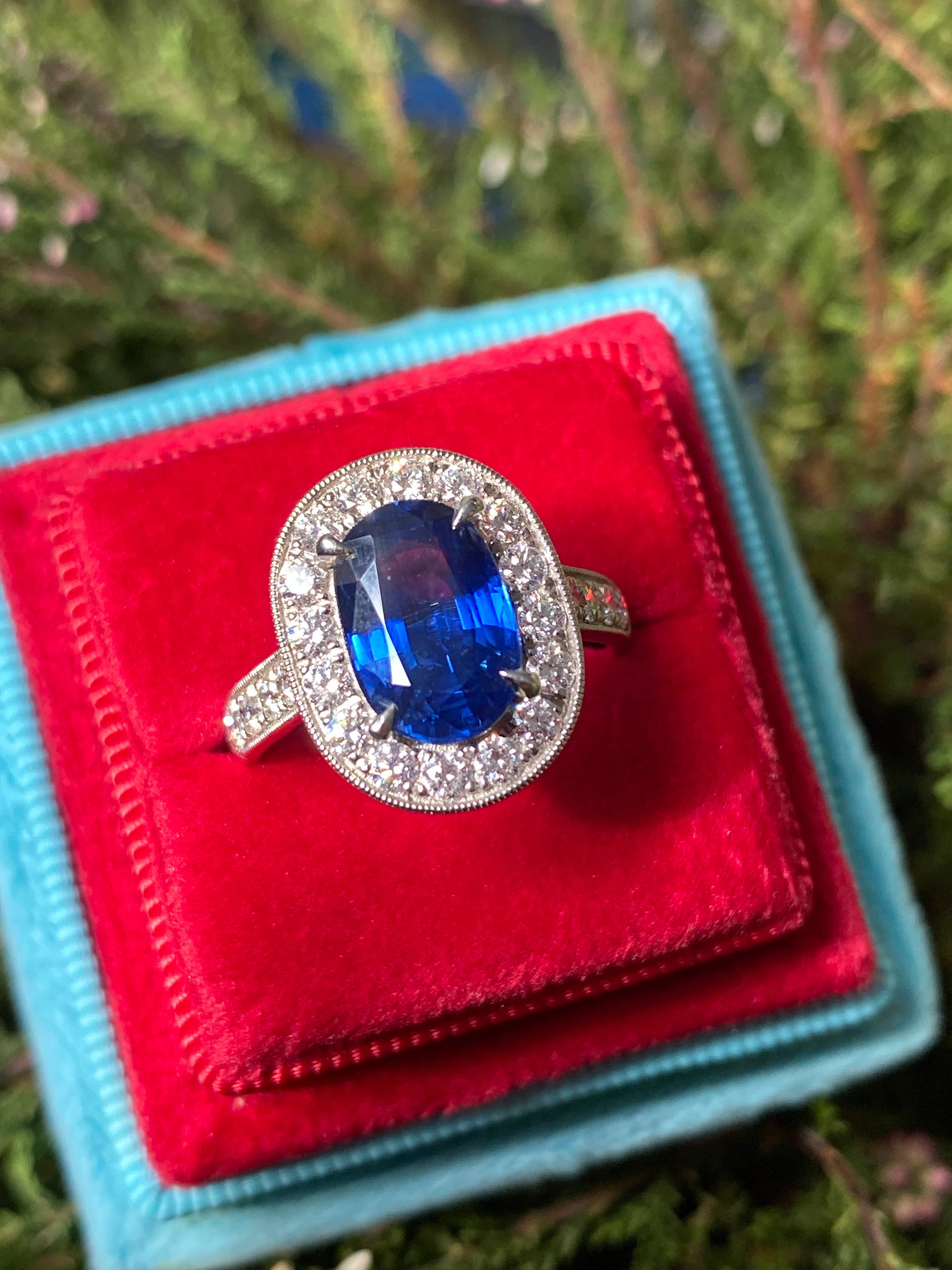 3.61 Carat Blue Ceylon Sapphire and Natural Diamond Halo Ring in Platinum
