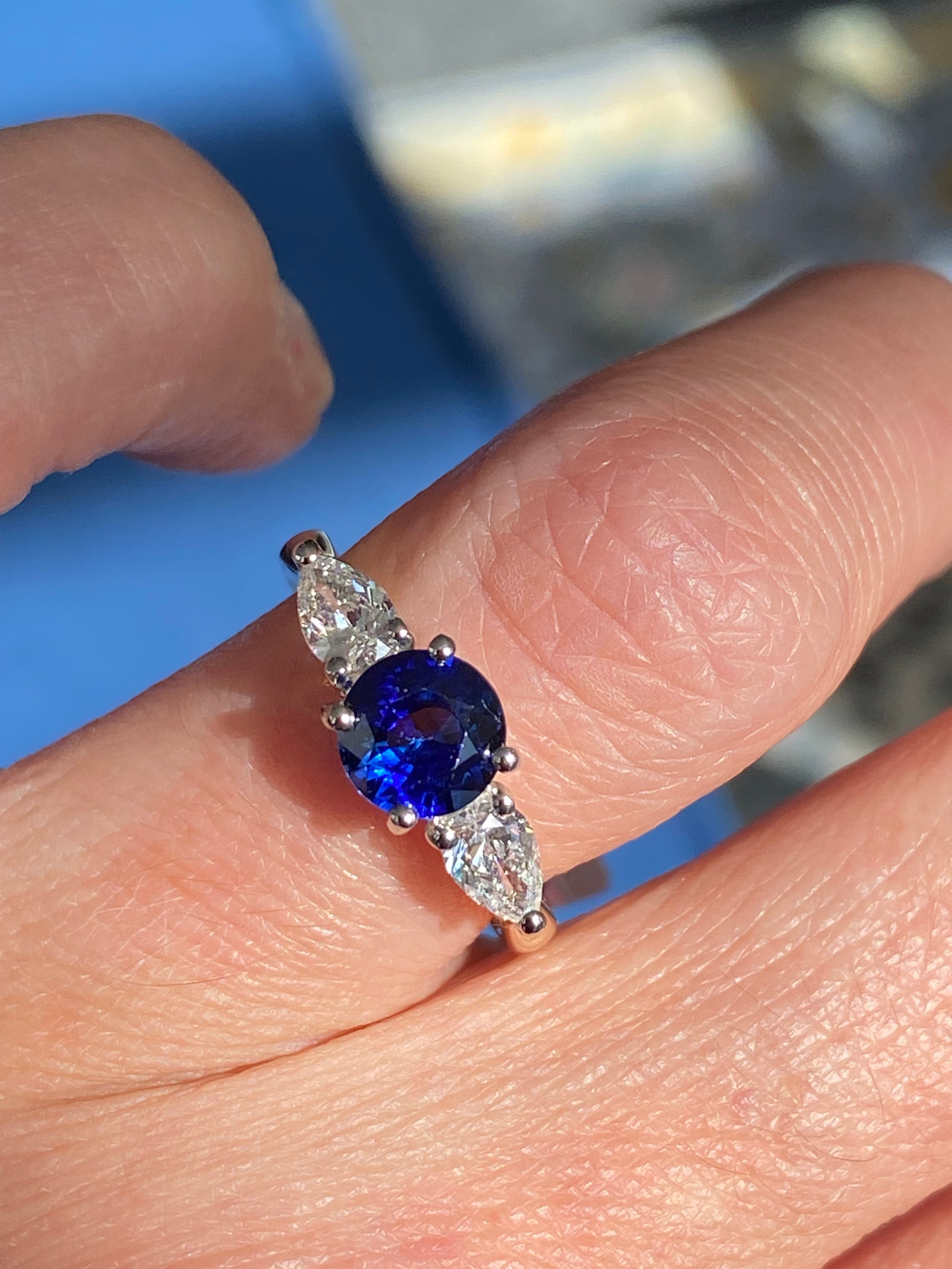 1.52 CTW Blue Ceylon Sapphire and Natural Diamond Three Stone Engagement Ring in Platinum and 18ct Yellow Gold