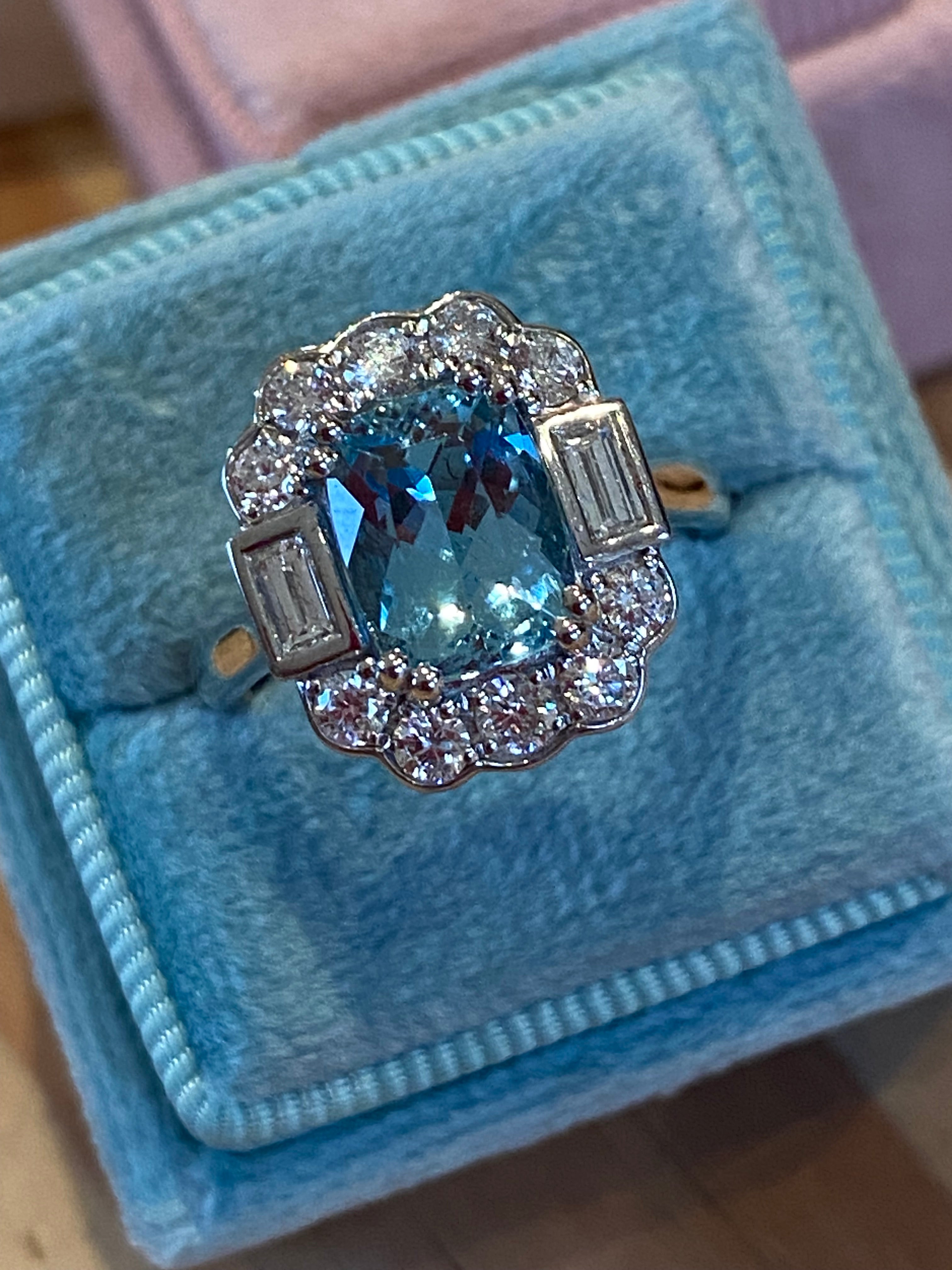 2.86 CTW Cushion Cut Aquamarine and Diamond Engagement Ring in Platinum