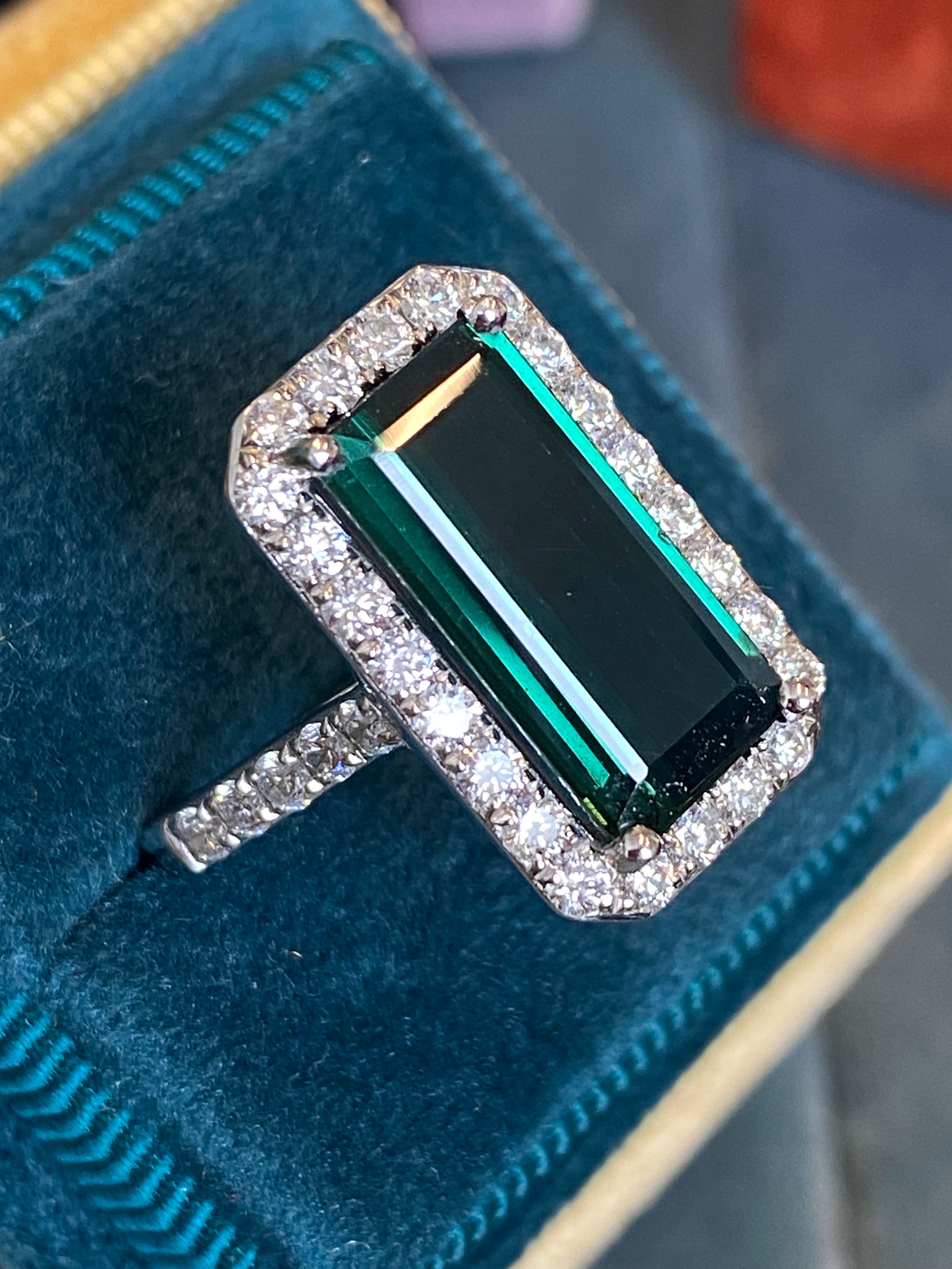5.28 CTW Emerald Cut Green Tourmaline and Natural Diamond Ring in Platinum