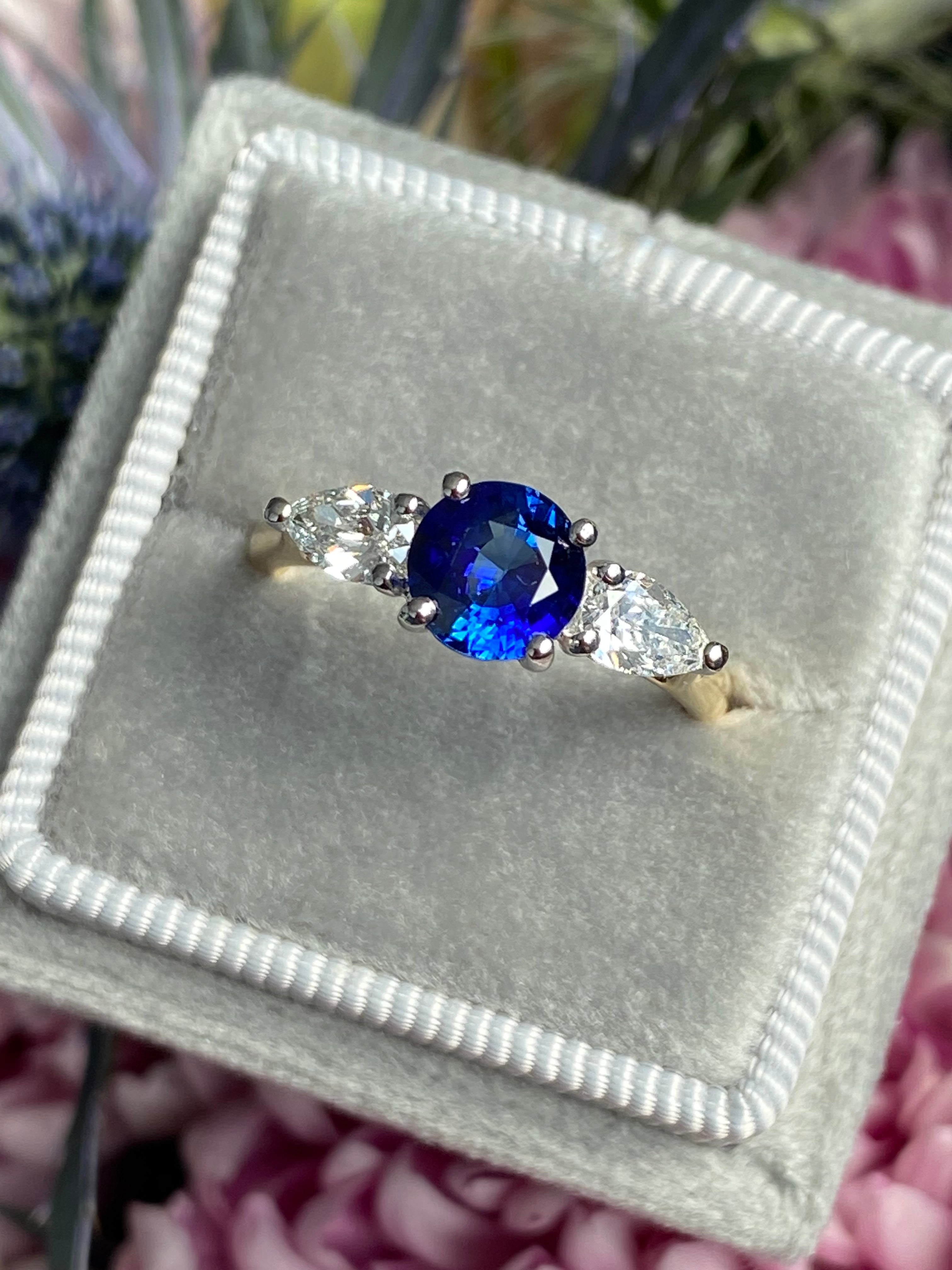 1.52 CTW Blue Ceylon Sapphire and Natural Diamond Three Stone Engagement Ring in Platinum and 18ct Yellow Gold