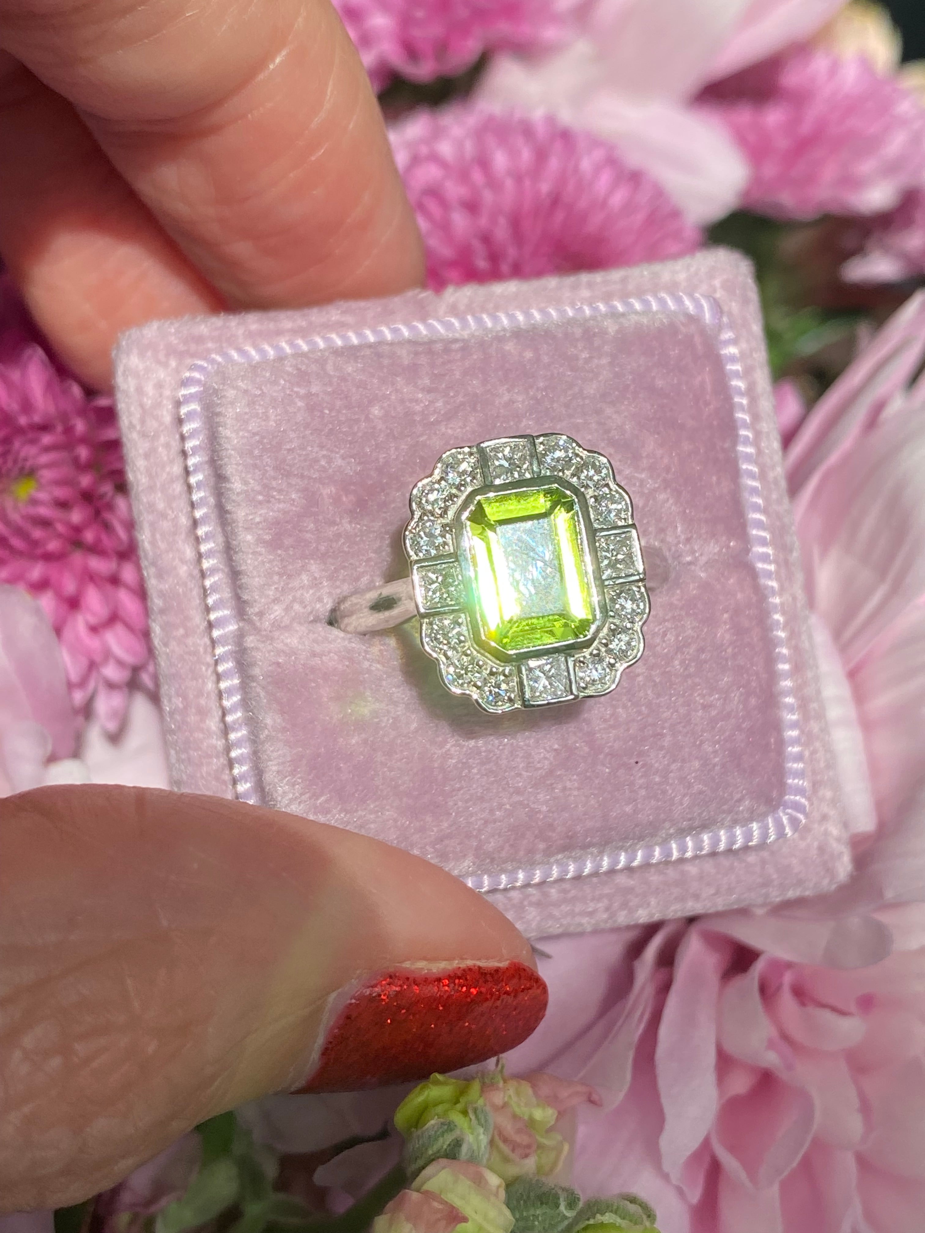 1.32 Carat Peridot and Natural Diamond Ring in Platinum