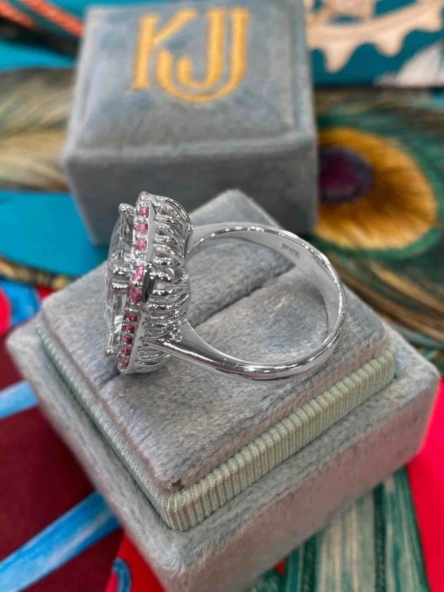 6.50 CTW Blue Topaz and Pink Tourmaline Halo Ring in Sterling Silver