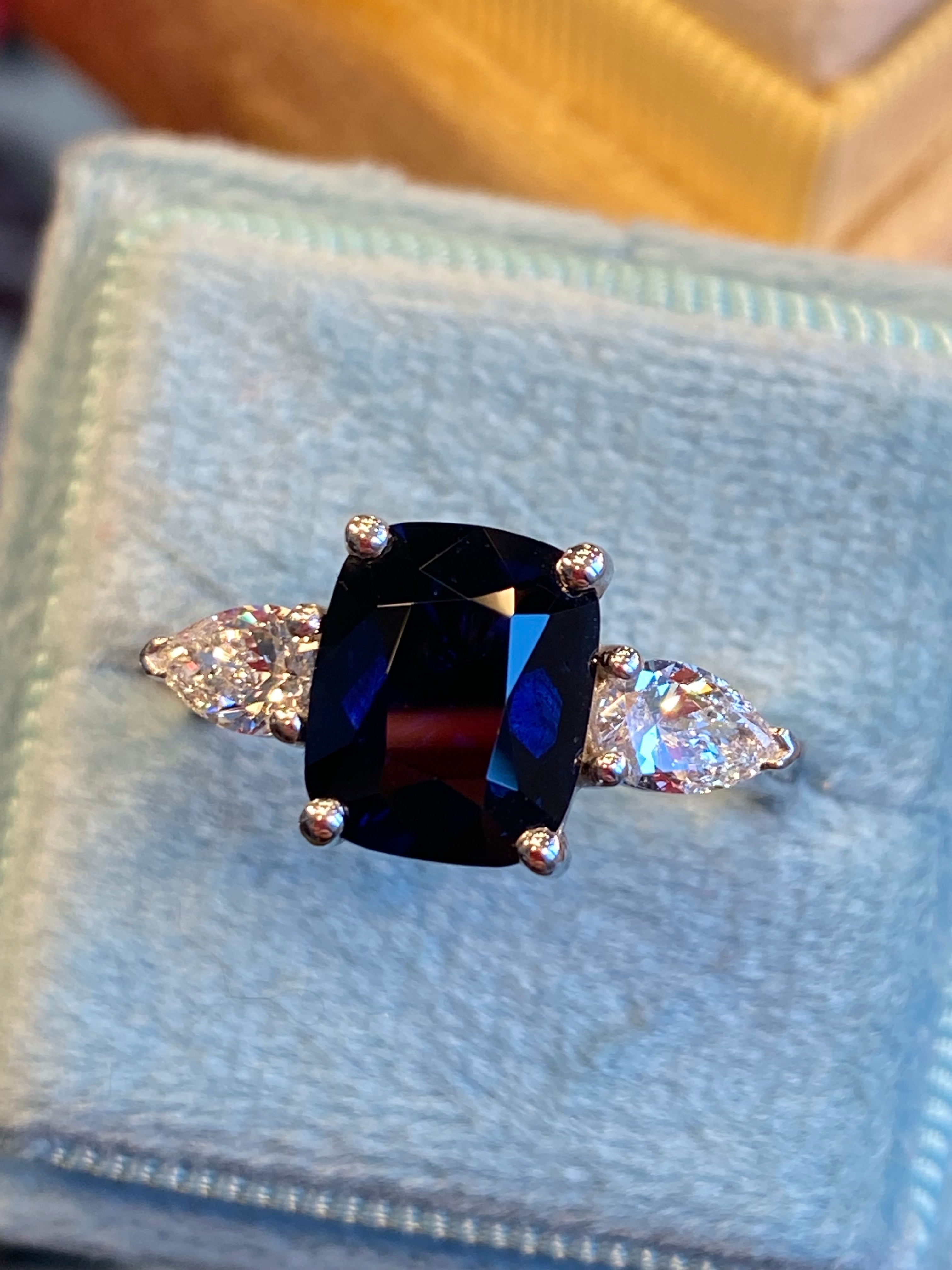 4.04 CTW Deep Blue Ceylon Sapphire and Natural Diamond Three Stone Engagement Ring in Platinum