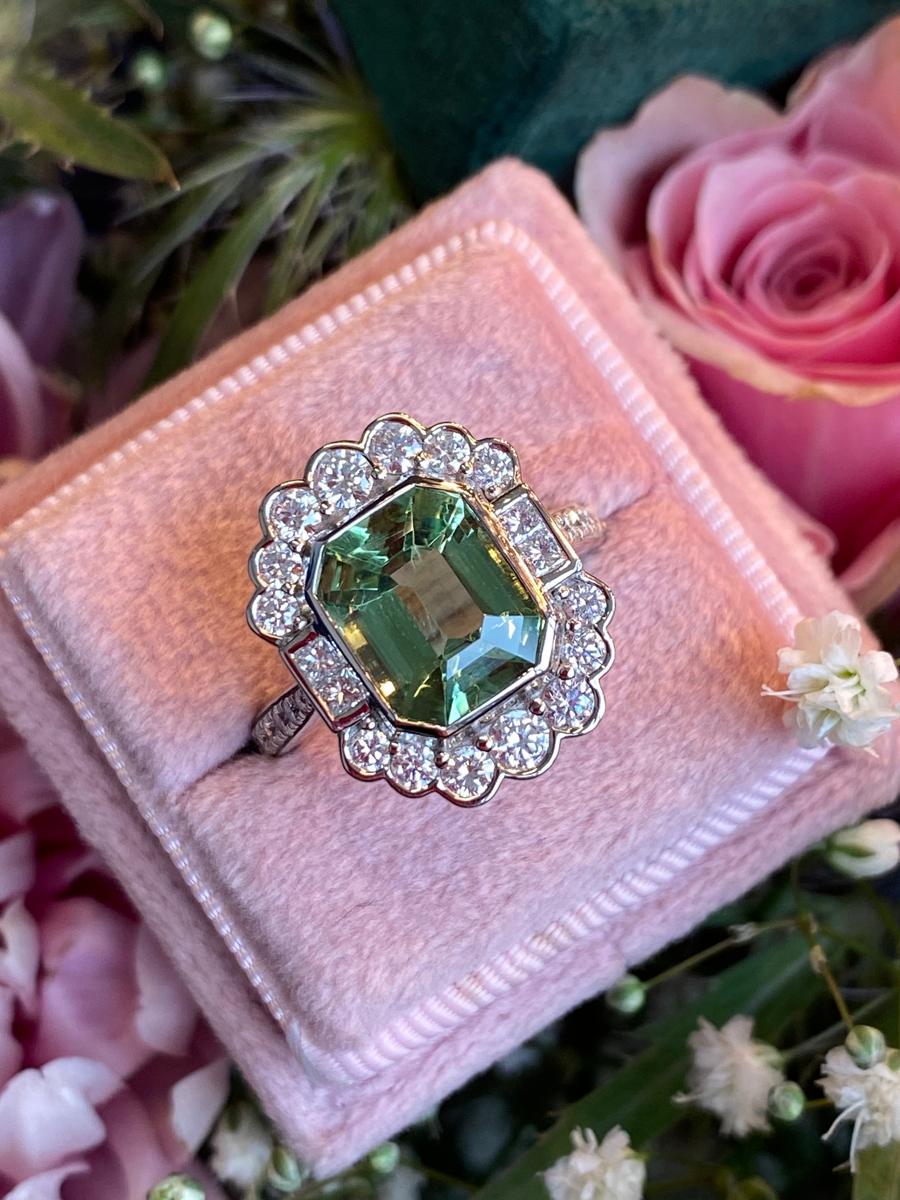 4.01 CTW Emerald Cut Mint Tourmaline and Natural Diamond Ring in Platinum