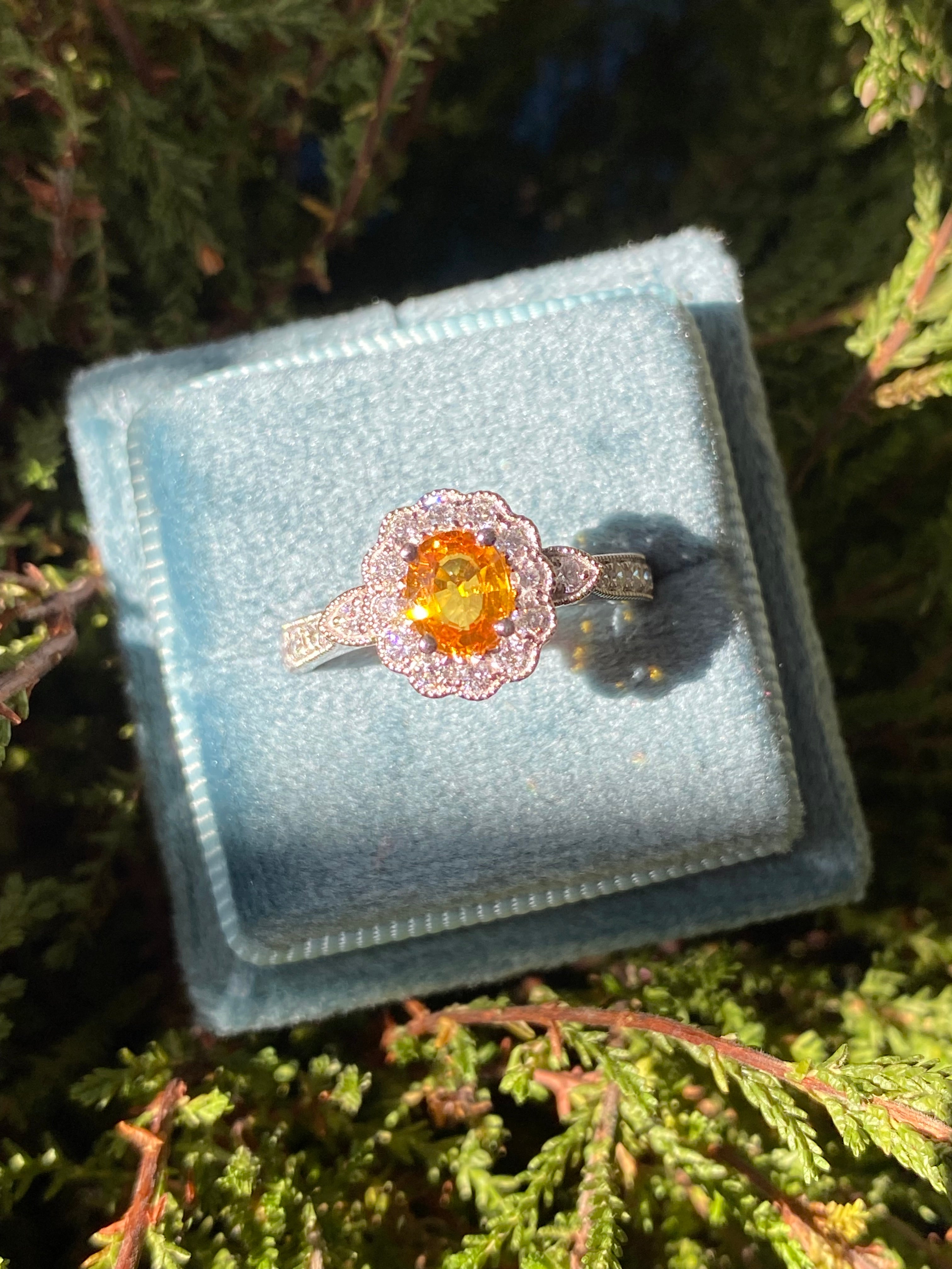 1.20ctw Orangey Yellow Sapphire and Natural Diamond Halo Ring in Platinum