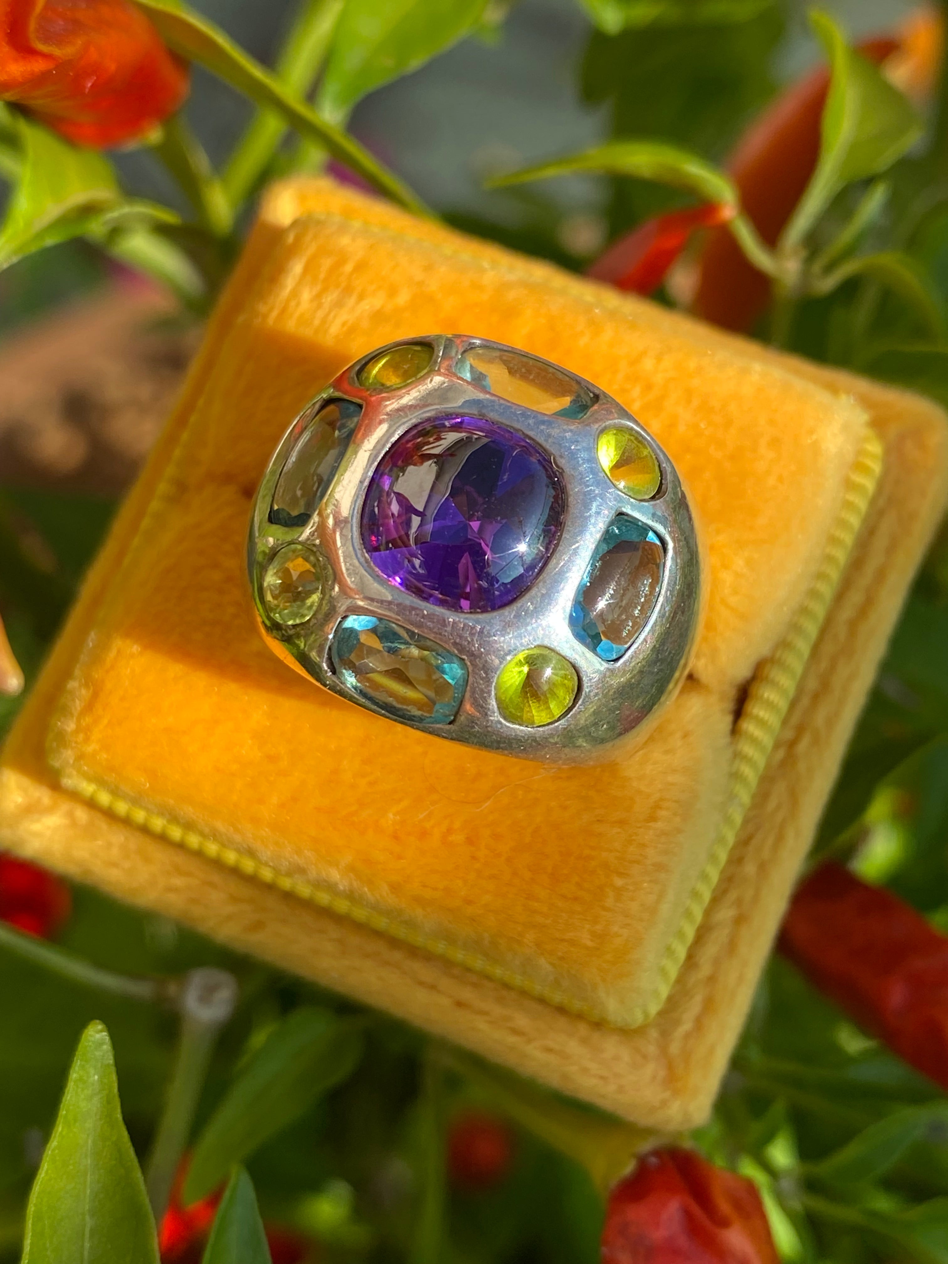 Beautiful Vintage Amethyst, Peridot and Blue Topaz Ring in Sterling Silver